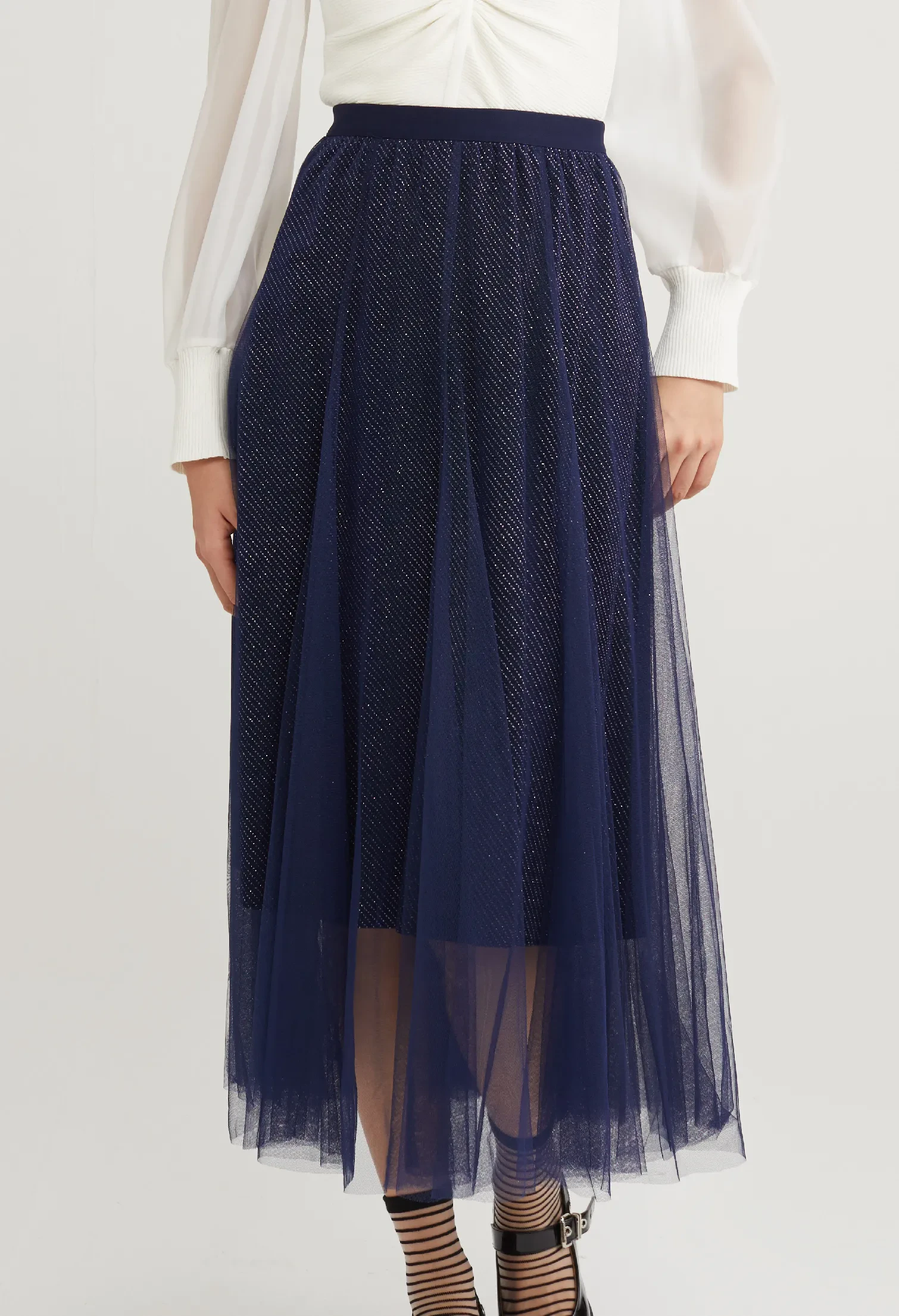 DOUBLE LAYERED METALLIC SKIRT [NAVY BLUE]