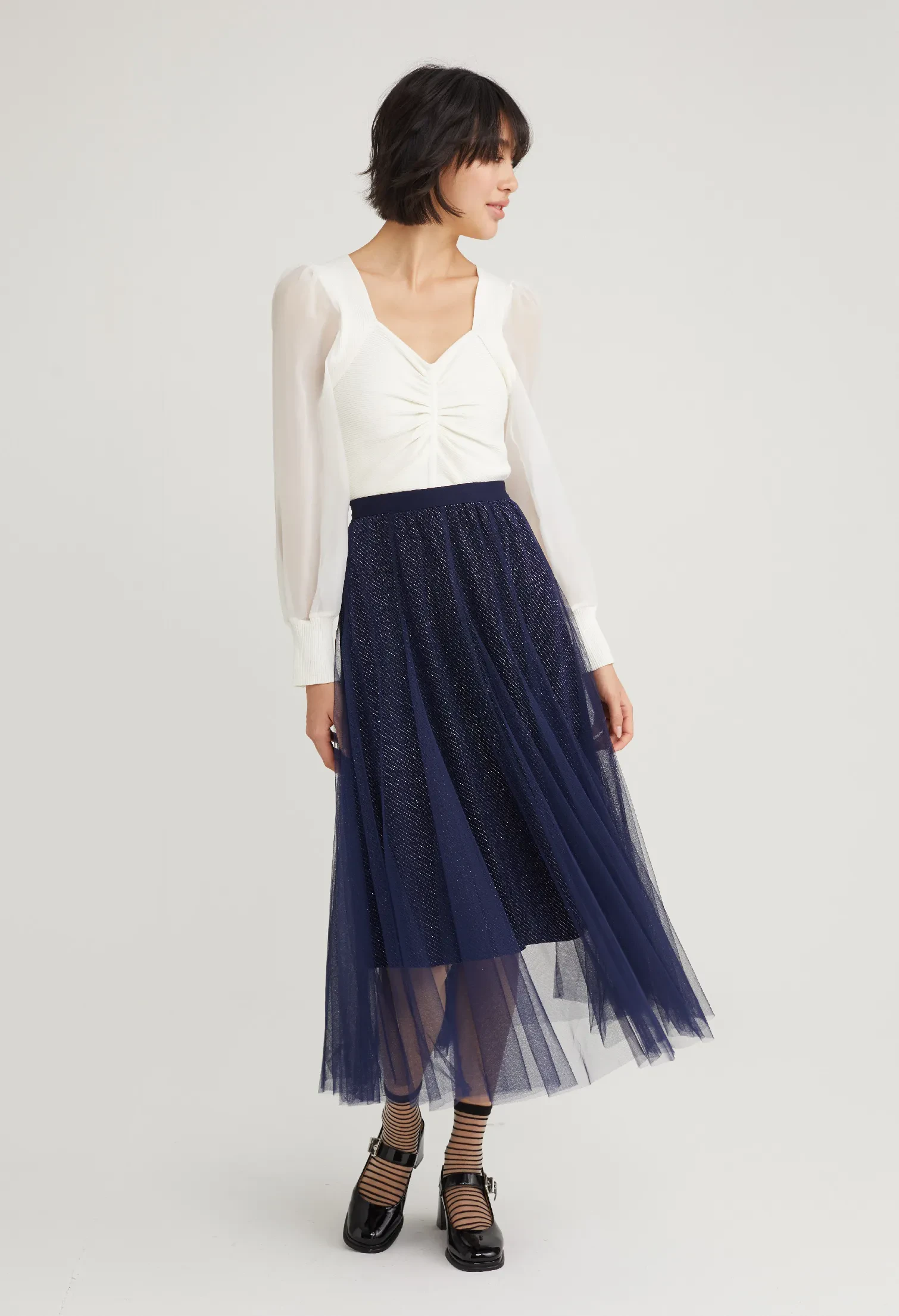 DOUBLE LAYERED METALLIC SKIRT [NAVY BLUE]