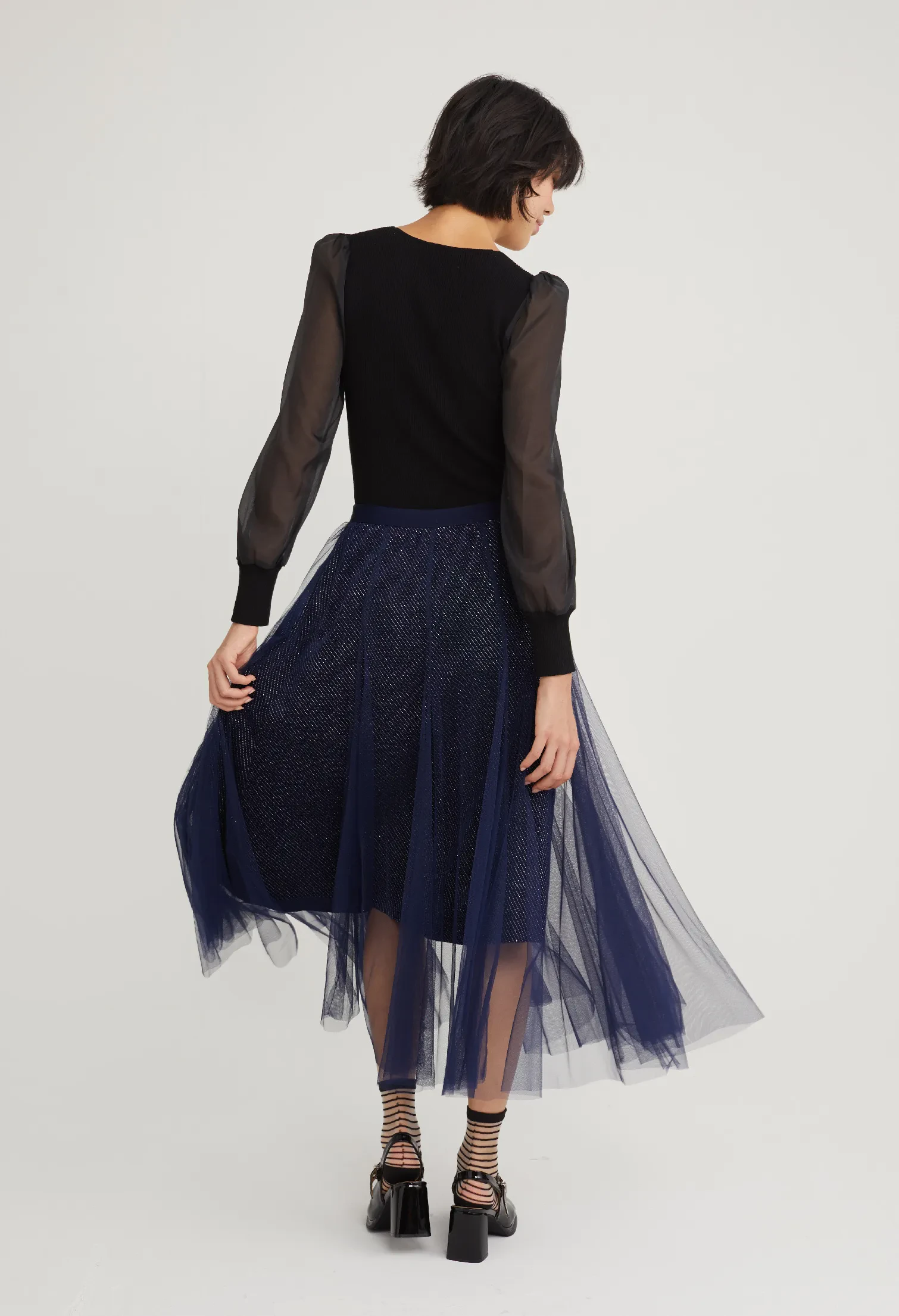 DOUBLE LAYERED METALLIC SKIRT [NAVY BLUE]