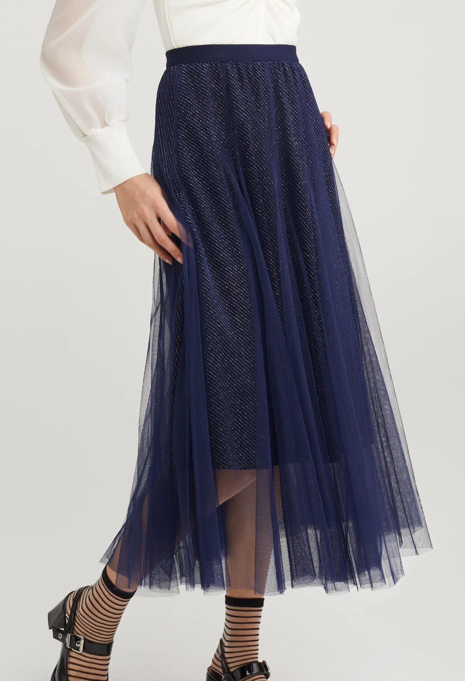 DOUBLE LAYERED METALLIC SKIRT [NAVY BLUE]