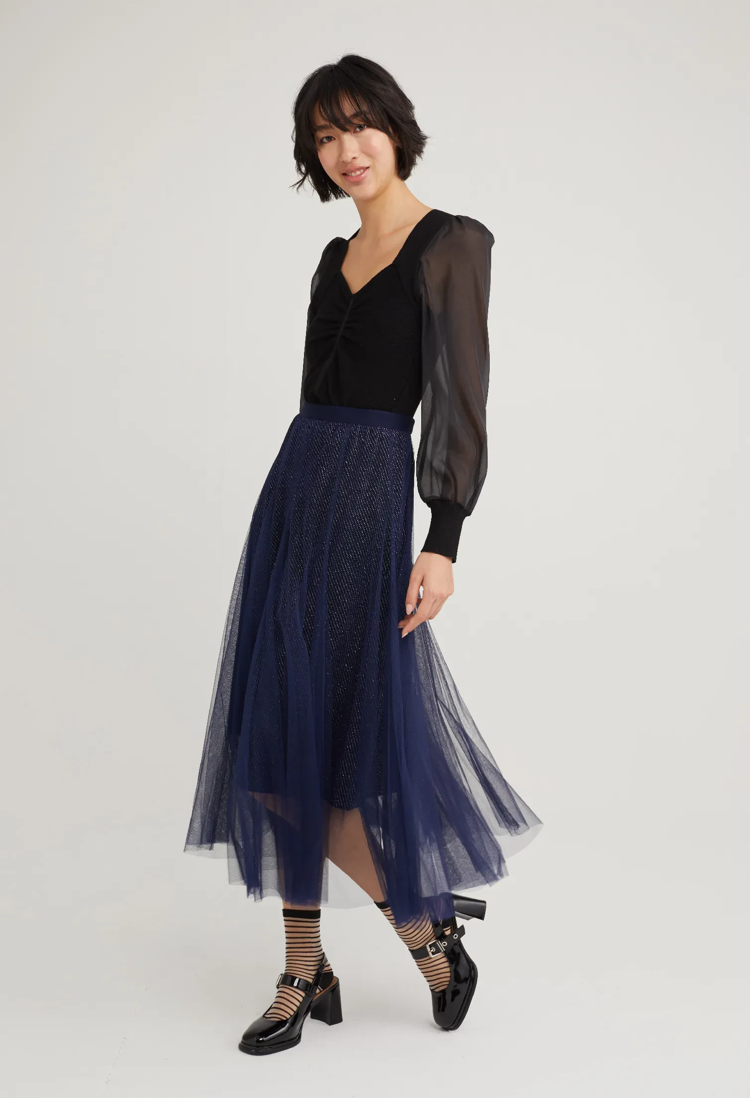 DOUBLE LAYERED METALLIC SKIRT [NAVY BLUE]
