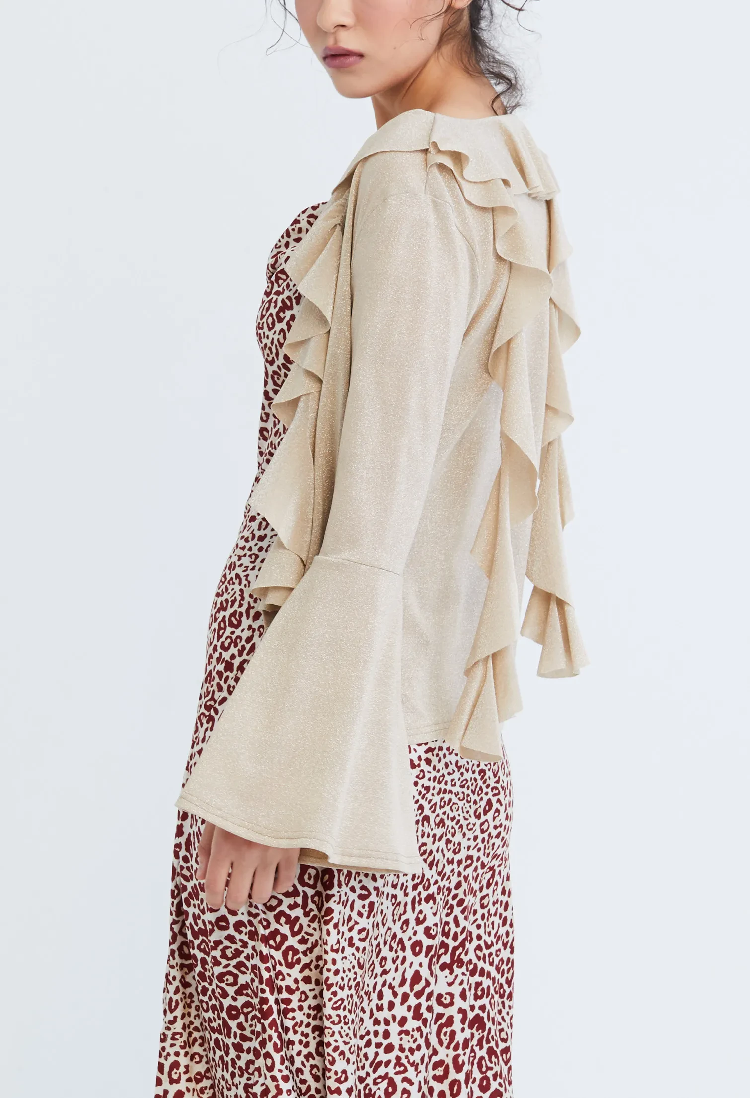 DROP PETAL RUFFLED TRUMPET SLEEVE CARDIGAN [SAND]