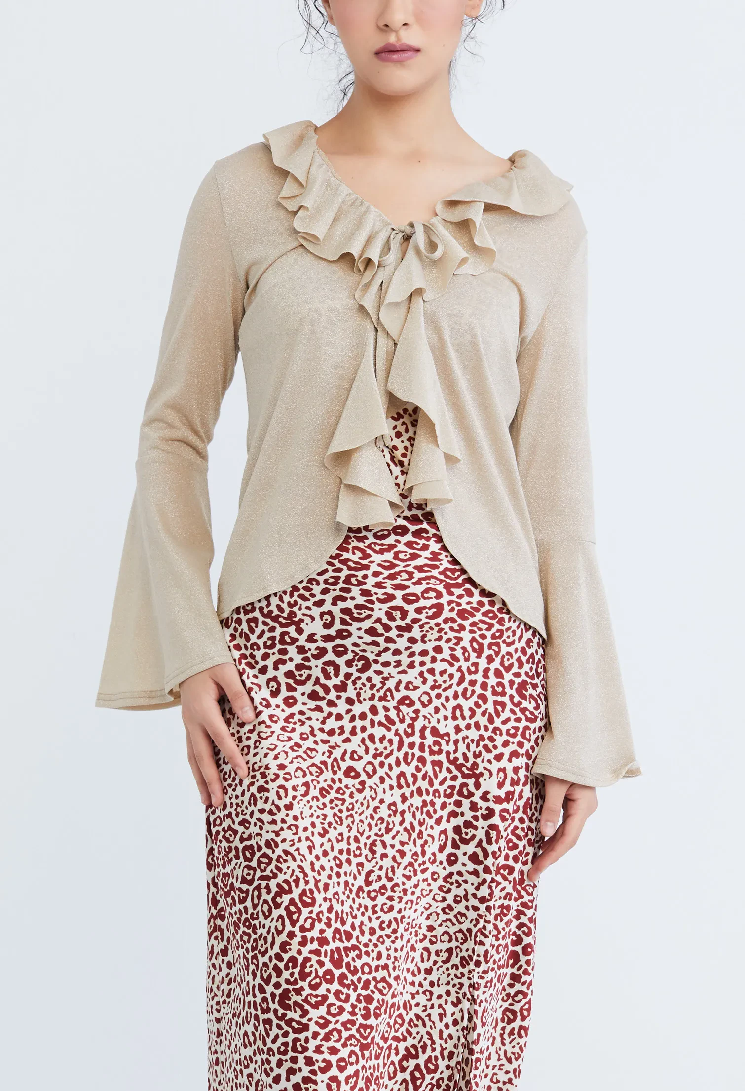 DROP PETAL RUFFLED TRUMPET SLEEVE CARDIGAN [SAND]