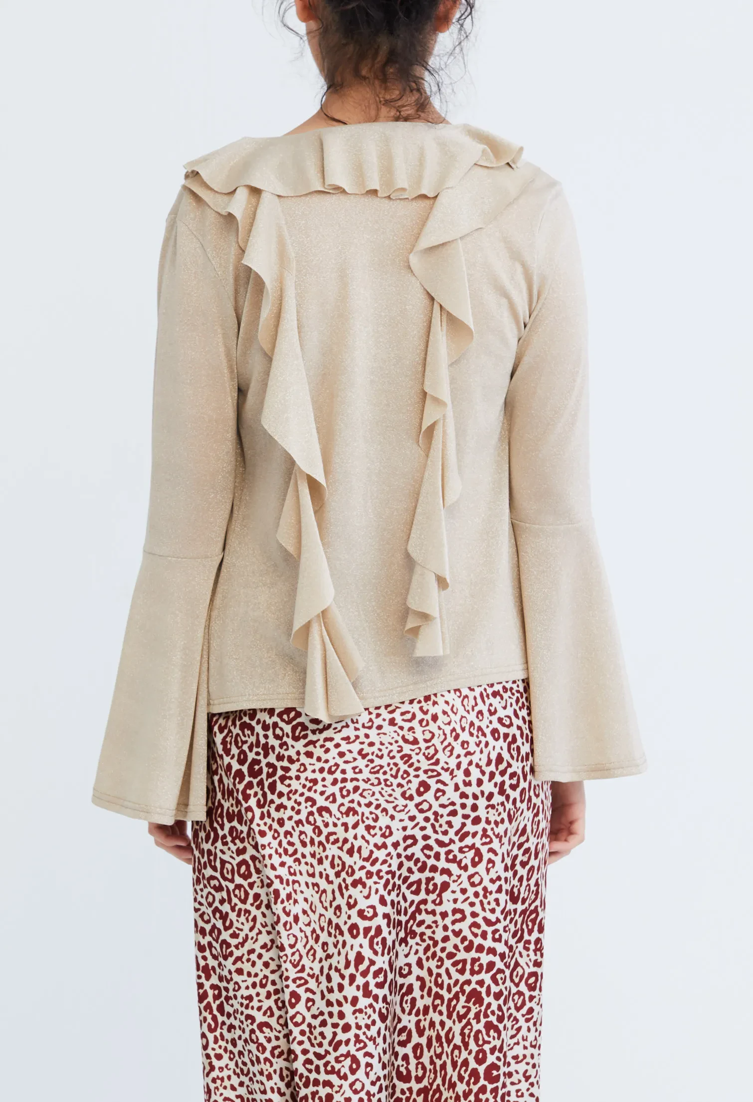 DROP PETAL RUFFLED TRUMPET SLEEVE CARDIGAN [SAND]