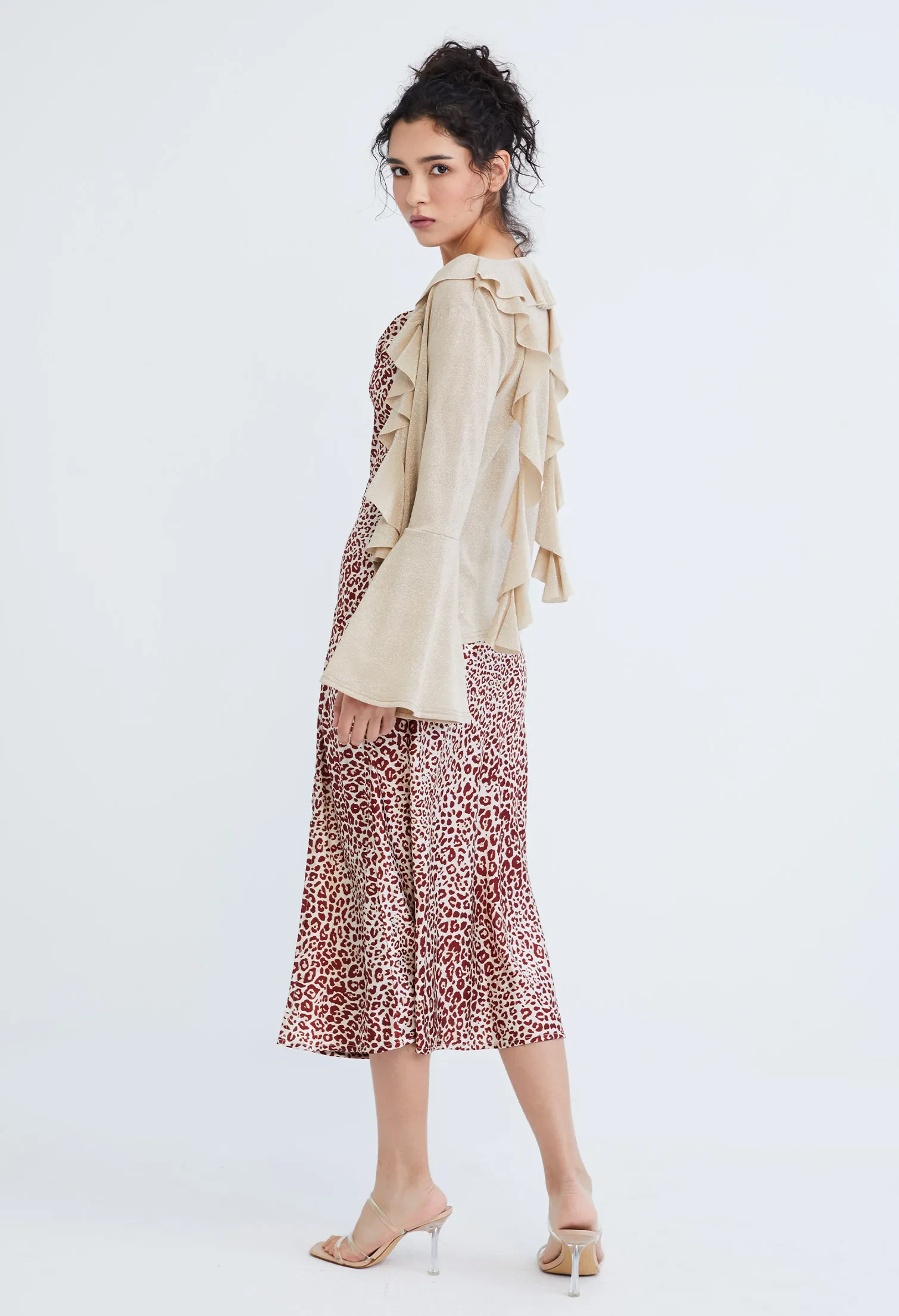 DROP PETAL RUFFLED TRUMPET SLEEVE CARDIGAN [SAND]