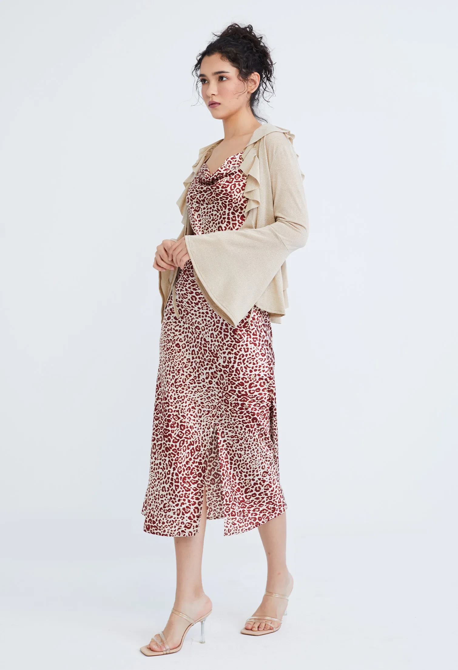 DROP PETAL RUFFLED TRUMPET SLEEVE CARDIGAN [SAND]