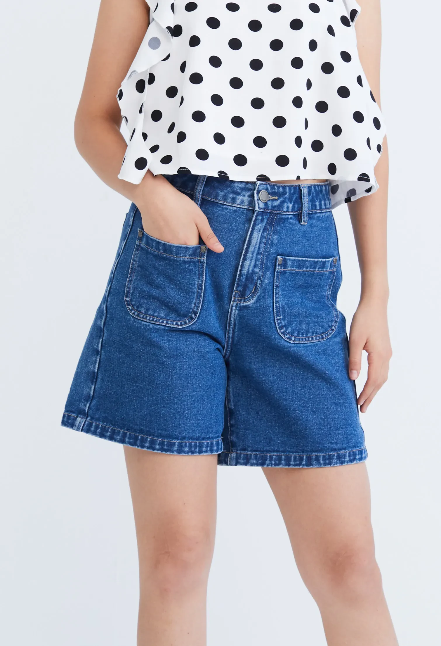 EASY DENIM HIGH WAISTED SHORTS [BLUE]