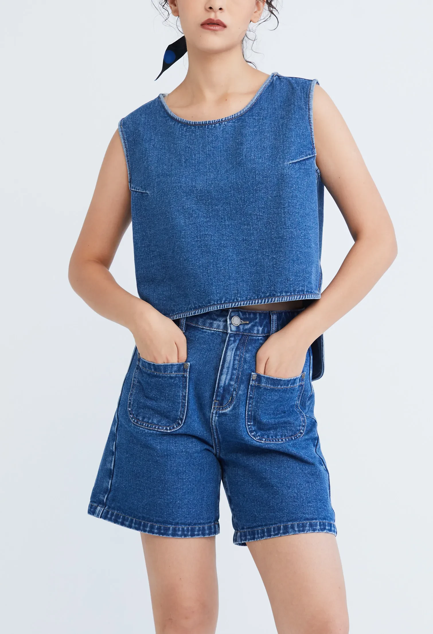 EASY DENIM HIGH WAISTED SHORTS [BLUE]