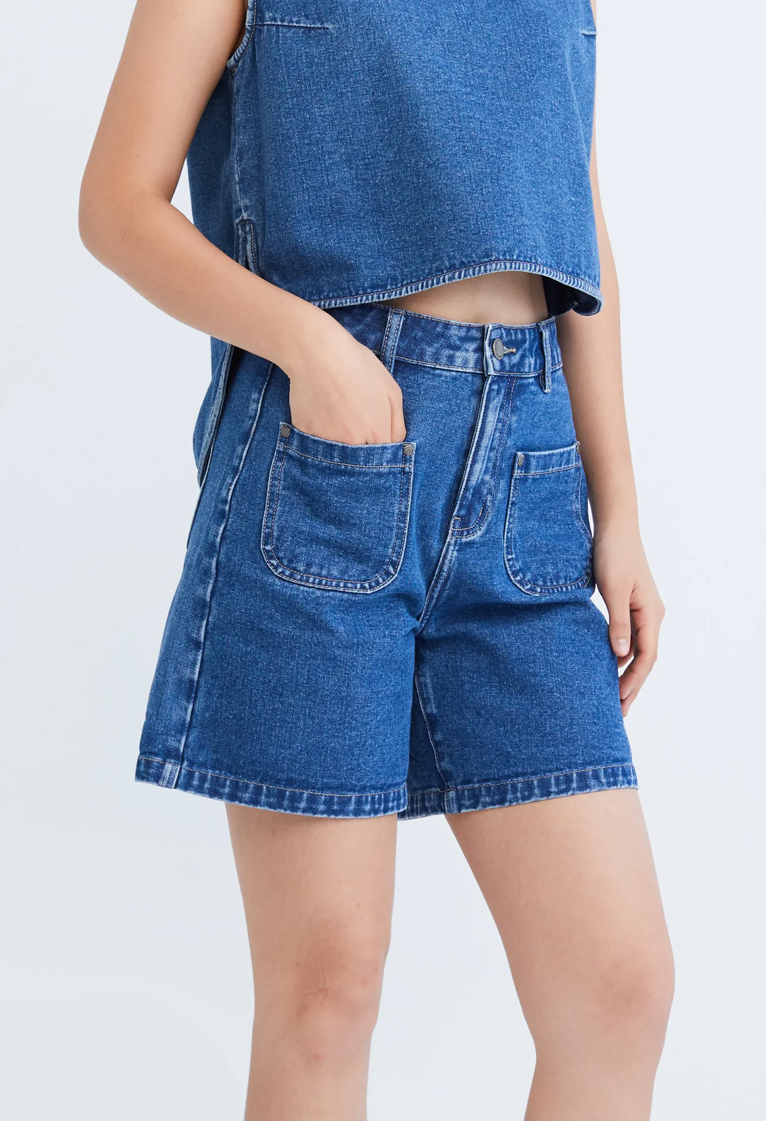 EASY DENIM HIGH WAISTED SHORTS [BLUE]
