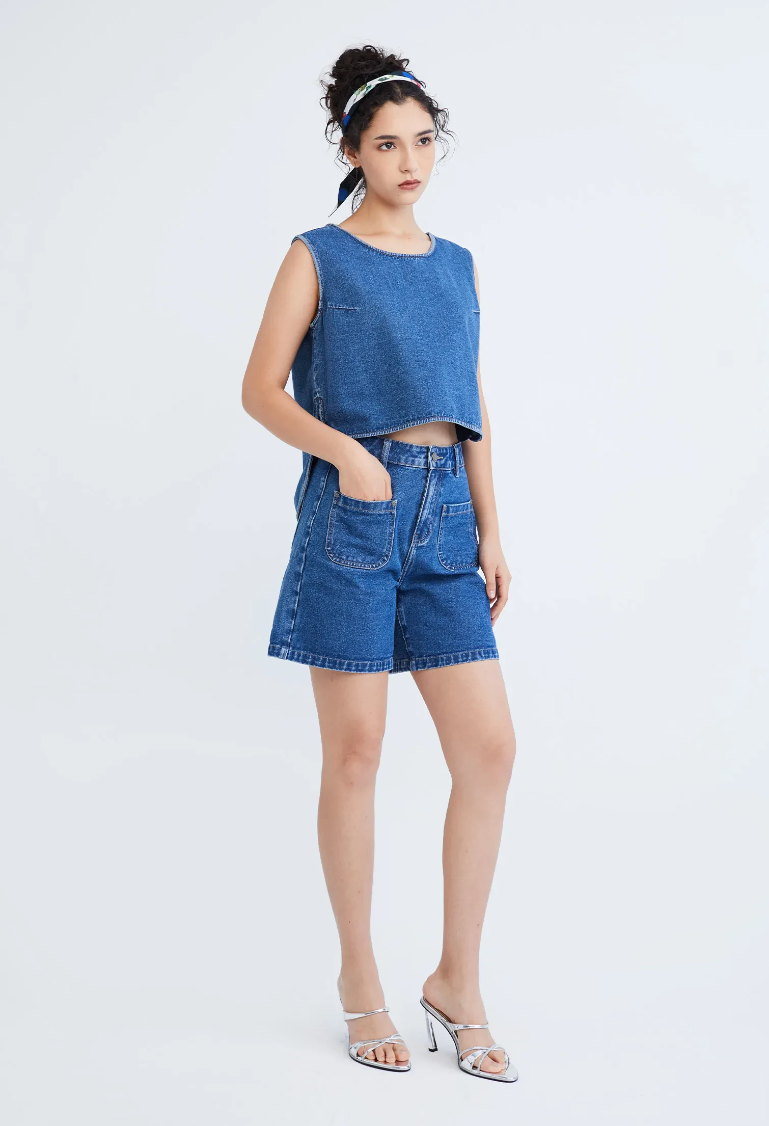 EASY DENIM HIGH WAISTED SHORTS [BLUE]