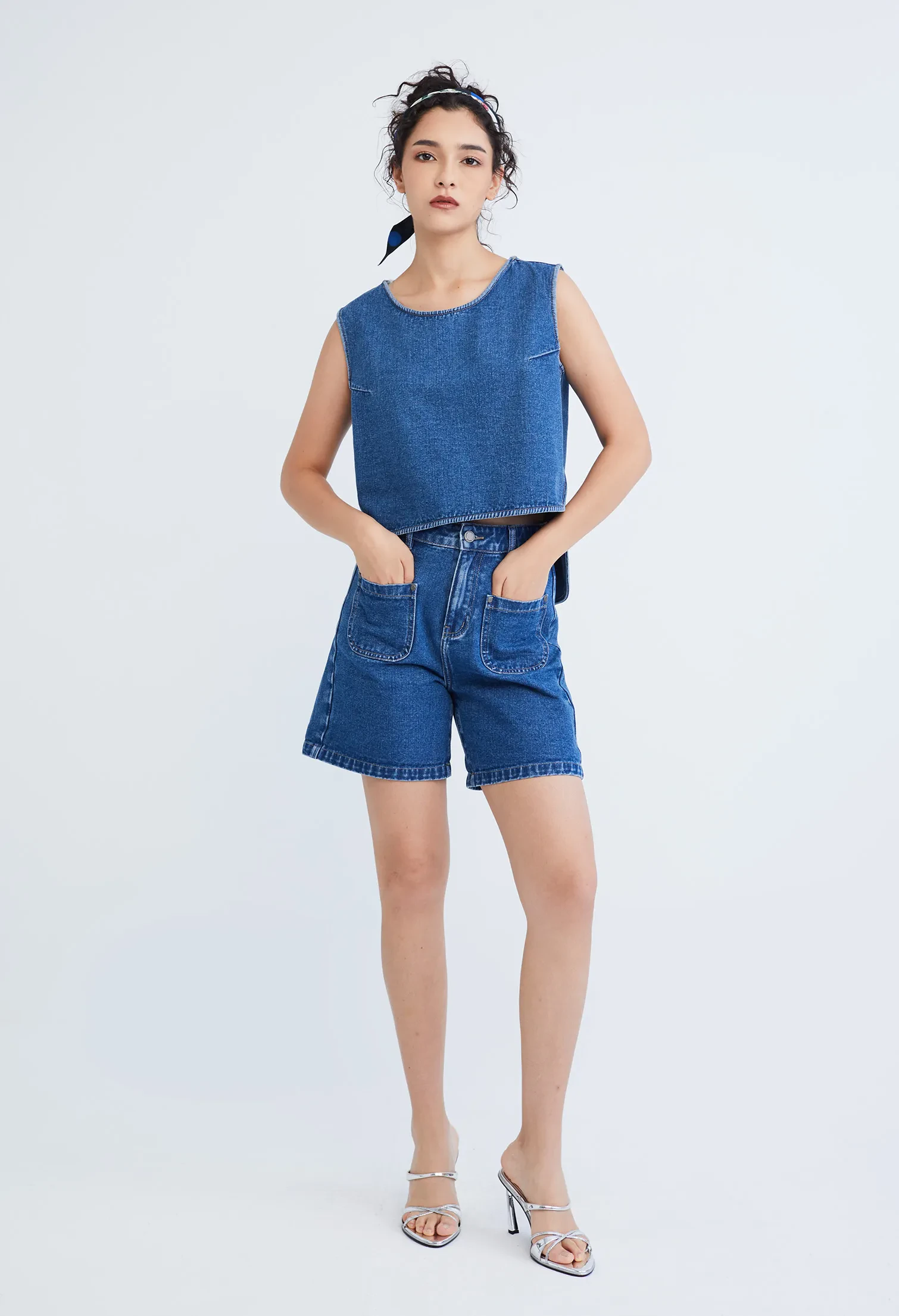 EASY DENIM HIGH WAISTED SHORTS [BLUE]