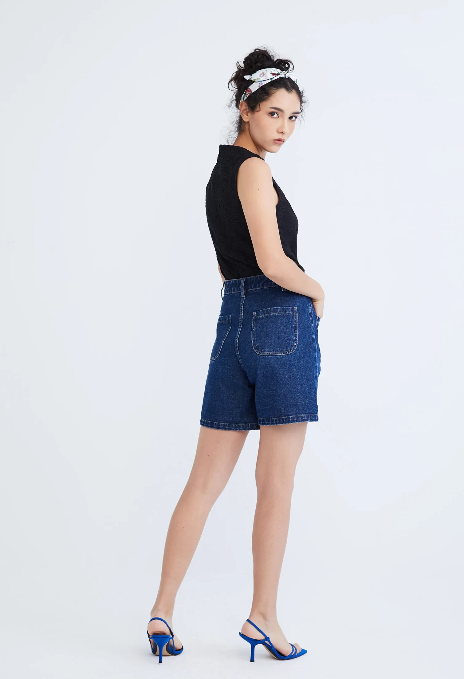 EASY DENIM HIGH WAISTED SHORTS [NAVY BLUE]