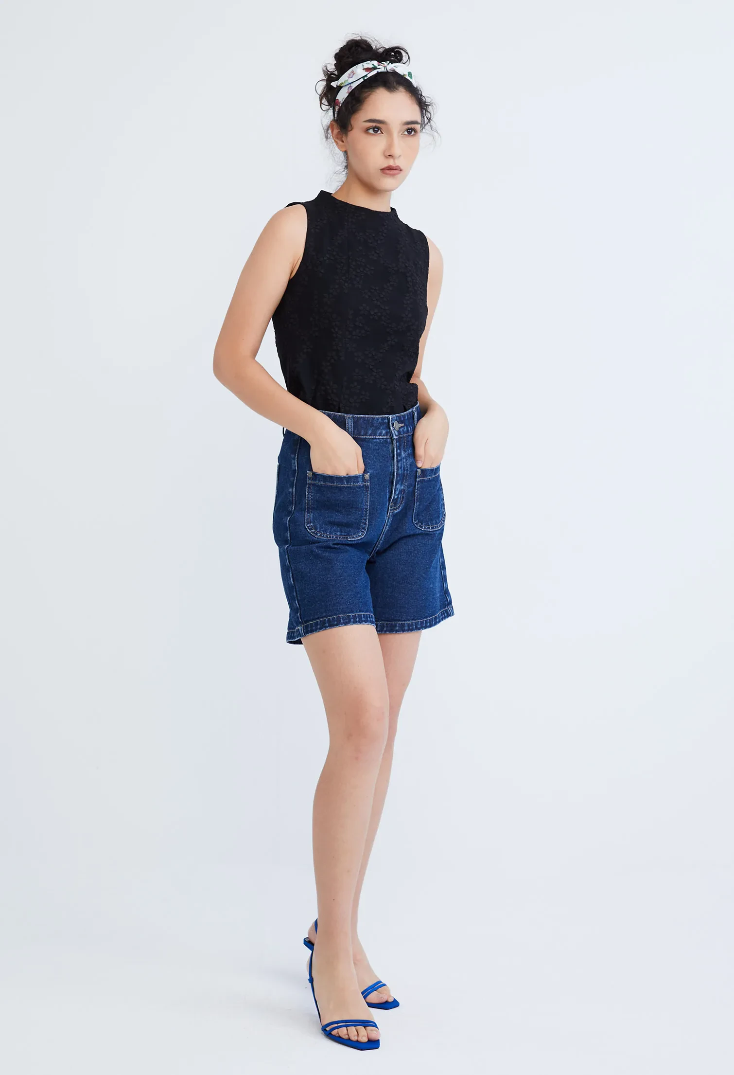 EASY DENIM HIGH WAISTED SHORTS [NAVY BLUE]