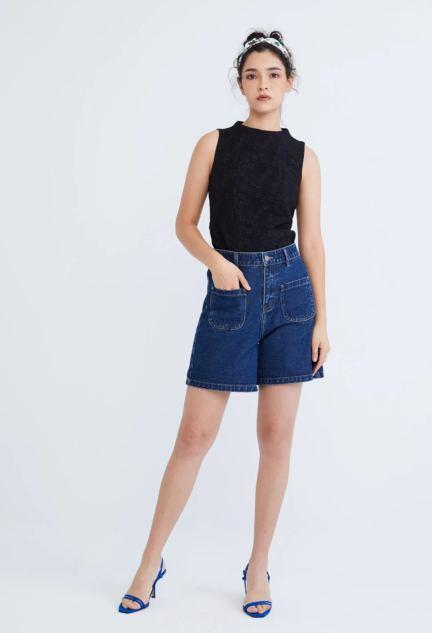 EASY DENIM HIGH WAISTED SHORTS [NAVY BLUE]