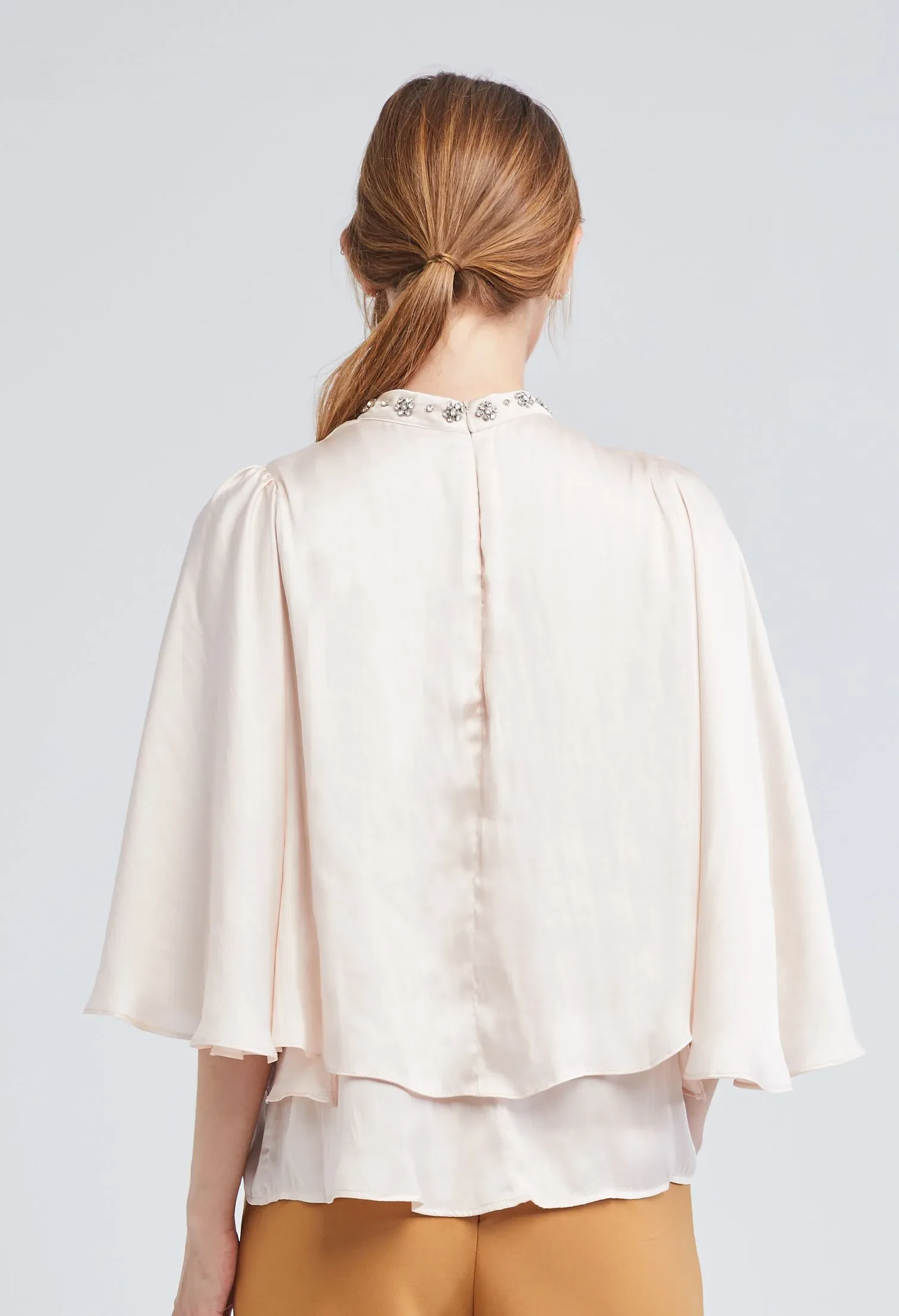 EMBELLISHED CAPE HIGH NECK BLOUSE [BEIGE]