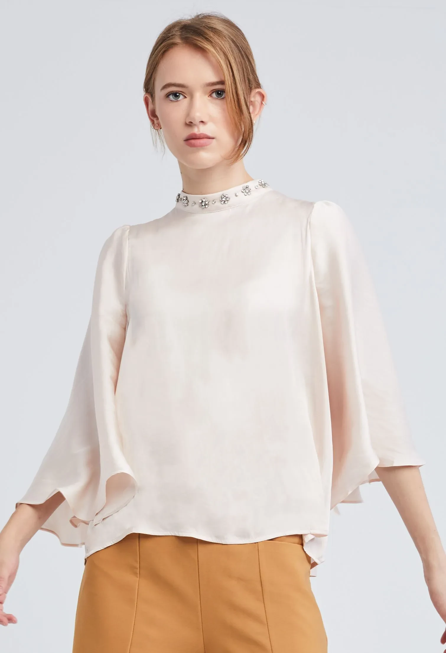 EMBELLISHED CAPE HIGH NECK BLOUSE [BEIGE]