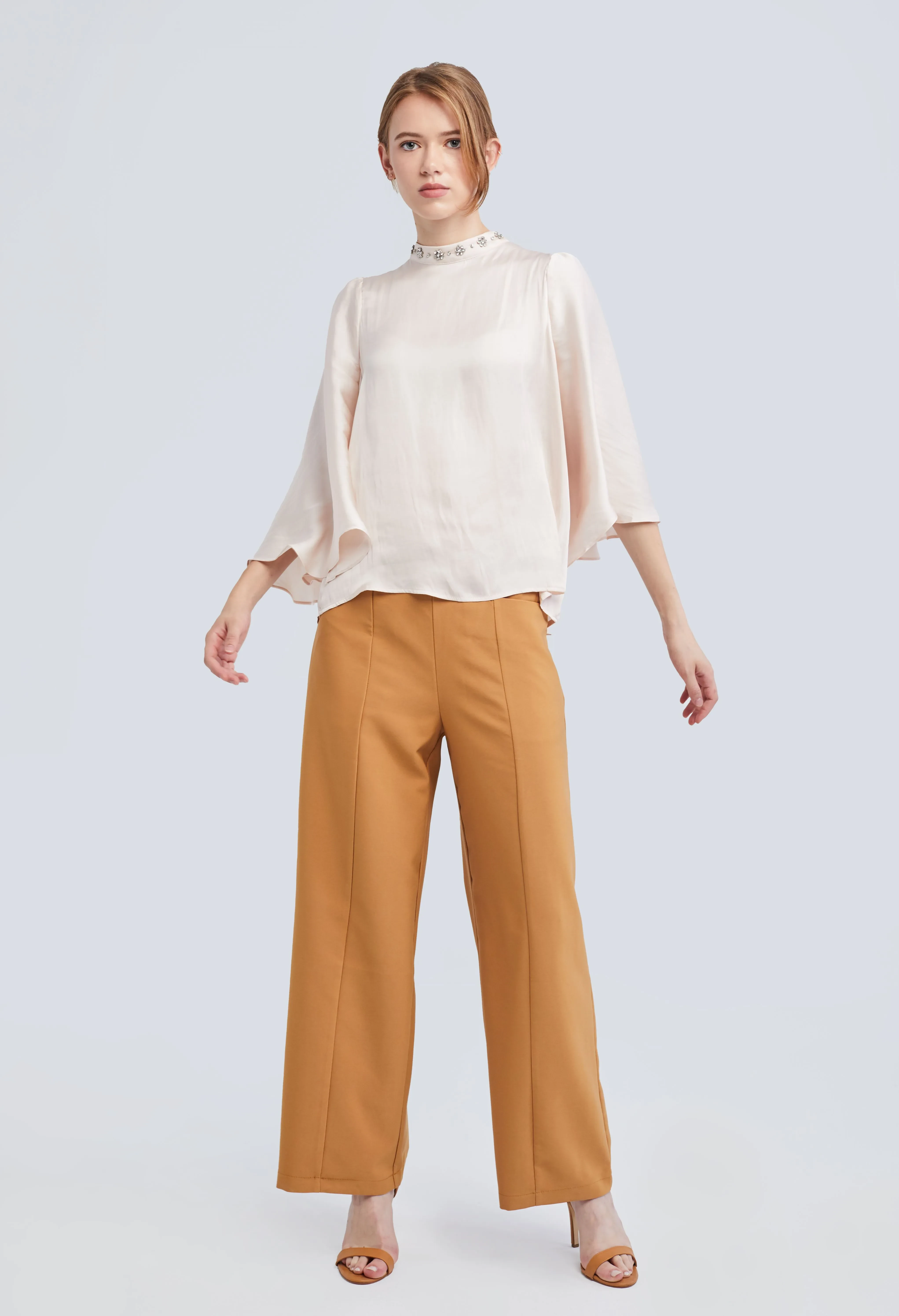 EMBELLISHED CAPE HIGH NECK BLOUSE [BEIGE]