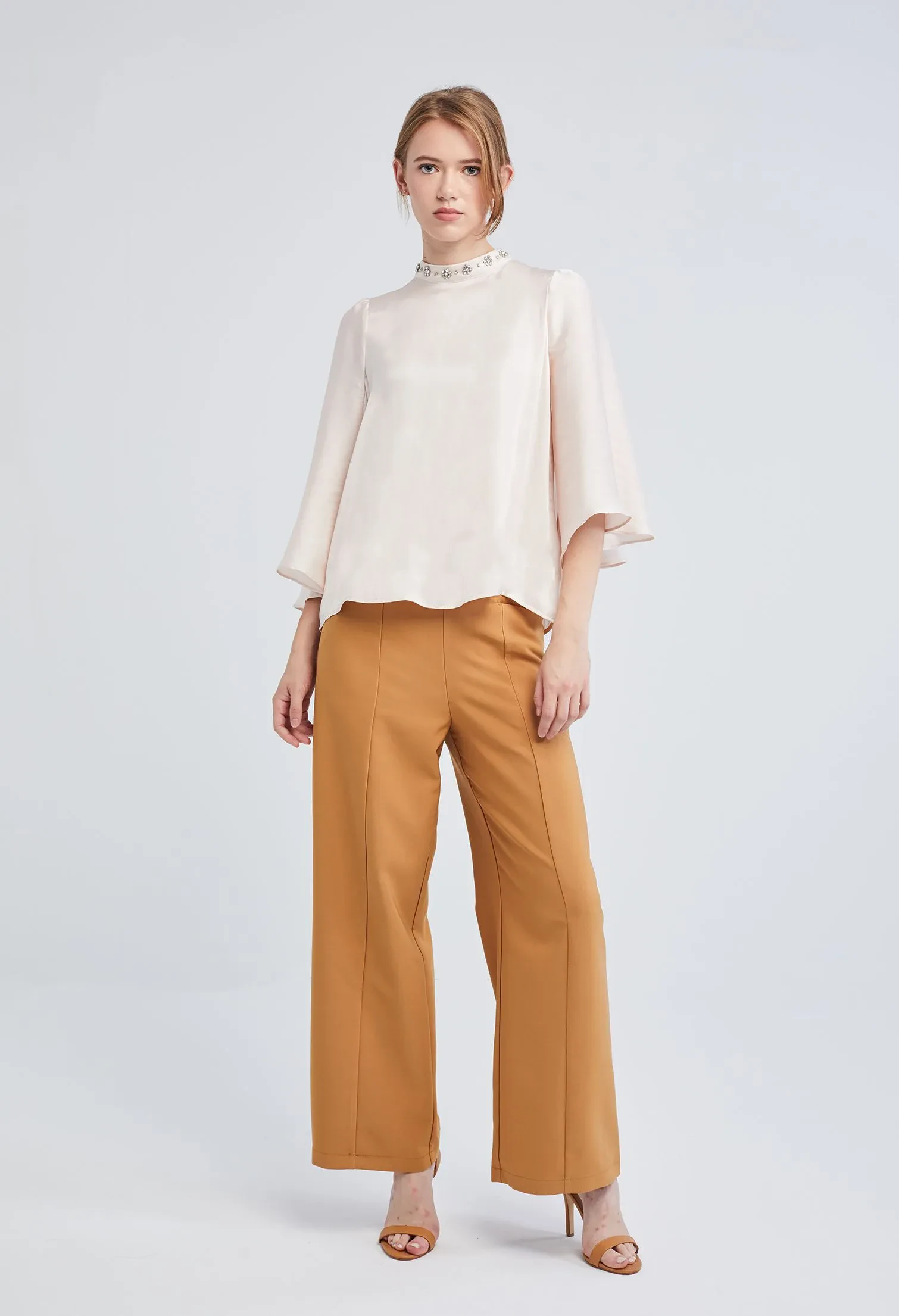 EMBELLISHED CAPE HIGH NECK BLOUSE [BEIGE]