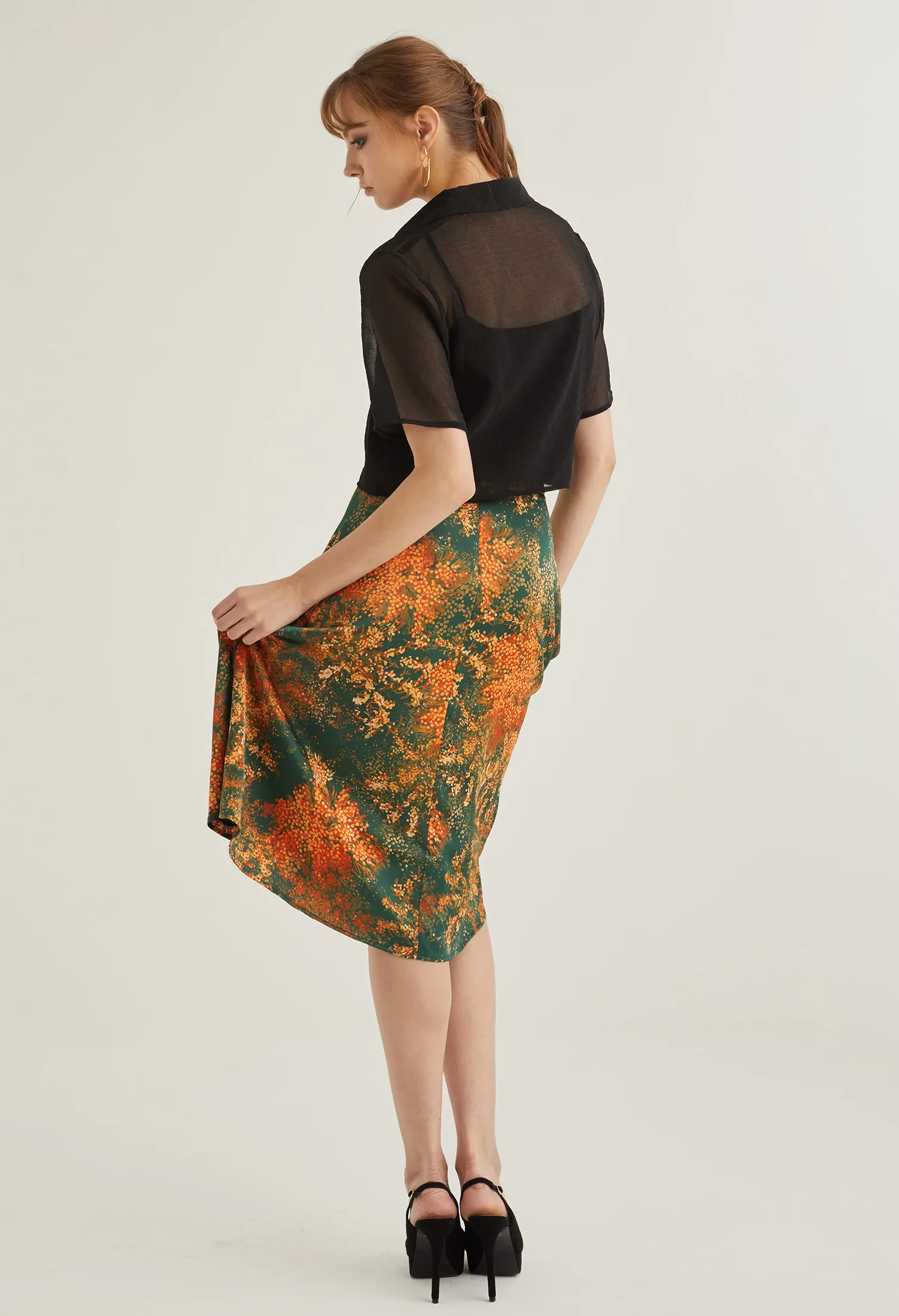 FAUX WRAP FLORAL BURST MIDI SKIRT [EMERALD]