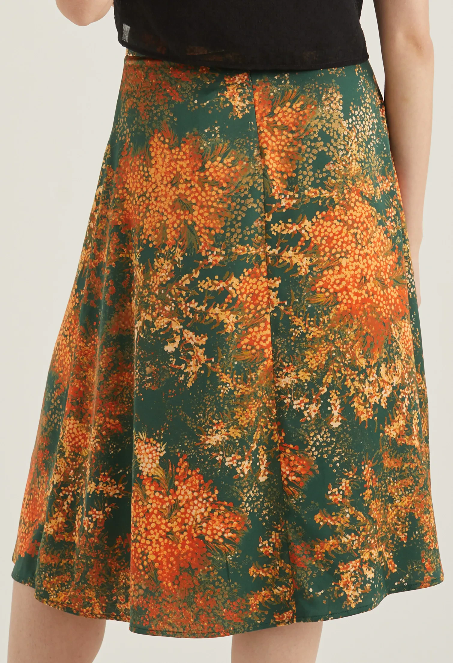 FAUX WRAP FLORAL BURST MIDI SKIRT [EMERALD]