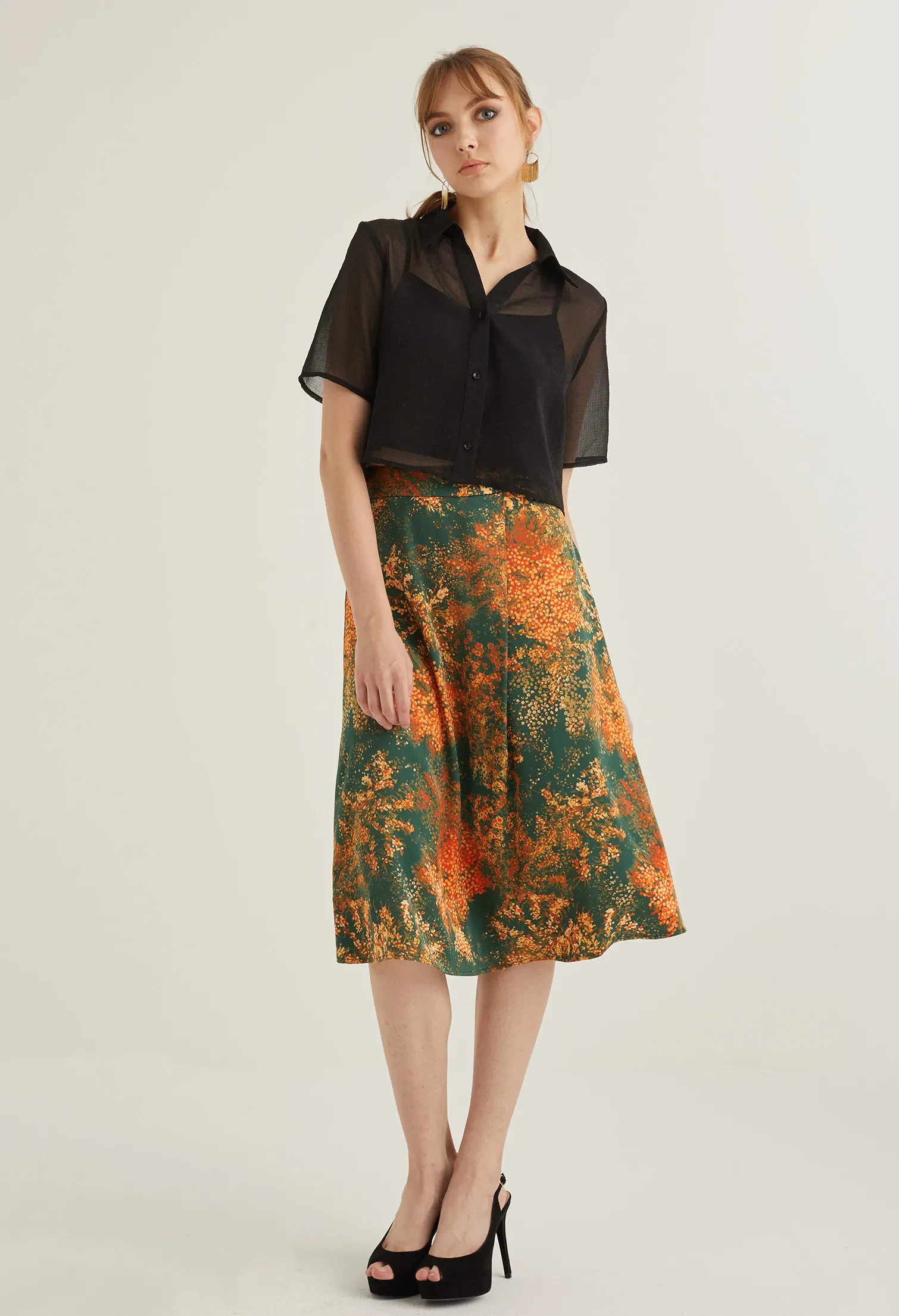 FAUX WRAP FLORAL BURST MIDI SKIRT [EMERALD]
