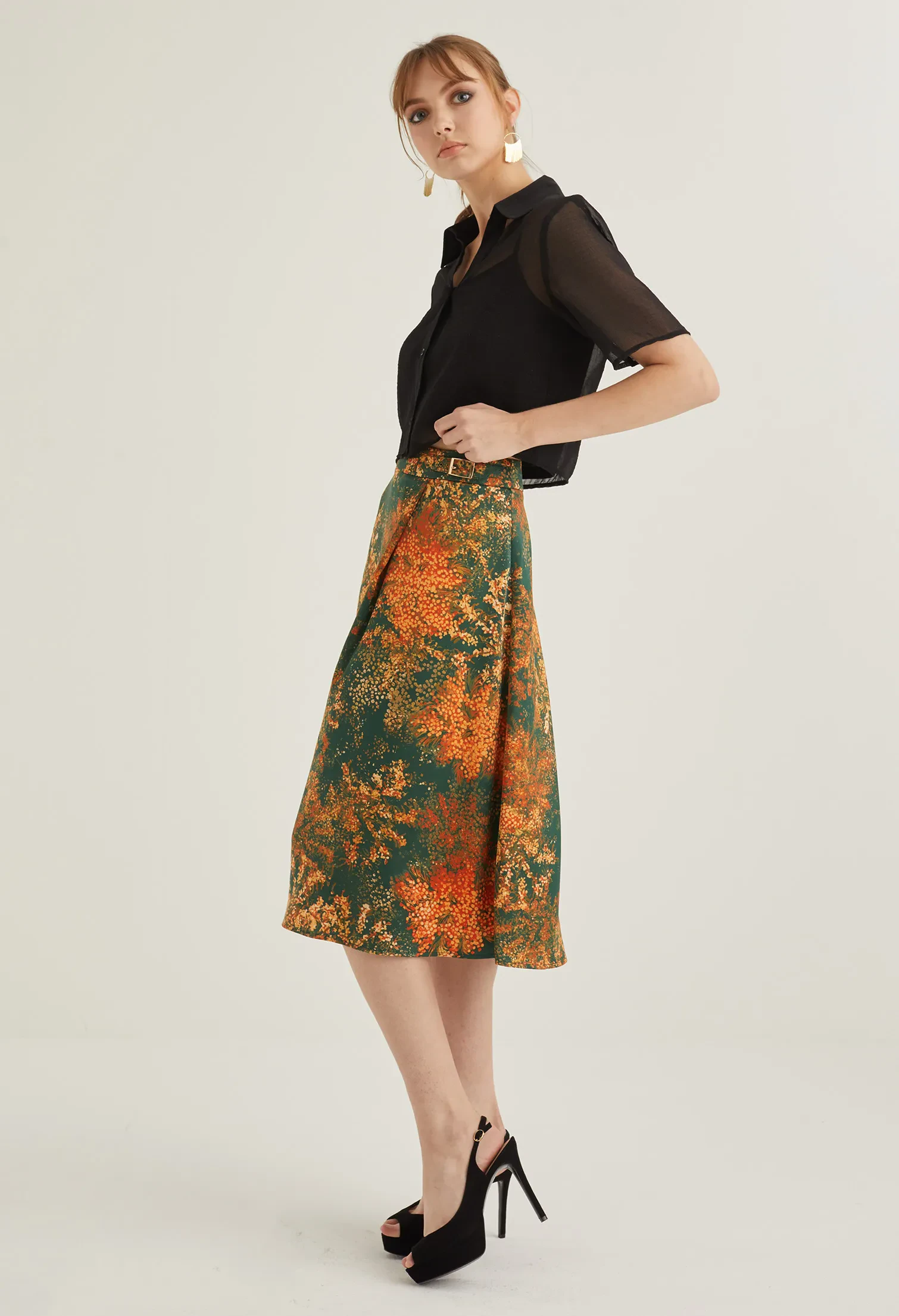 FAUX WRAP FLORAL BURST MIDI SKIRT [EMERALD]