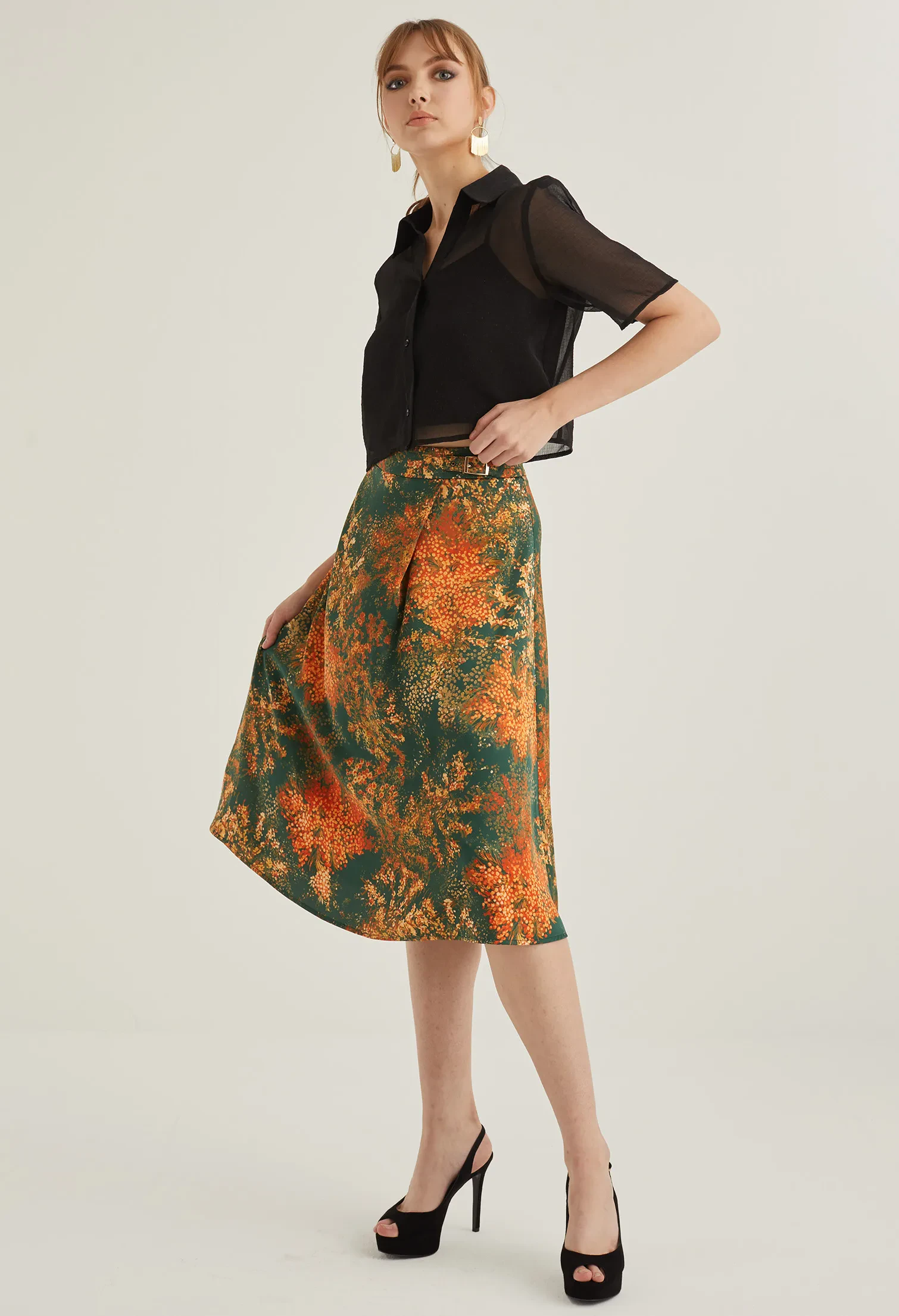 FAUX WRAP FLORAL BURST MIDI SKIRT [EMERALD]