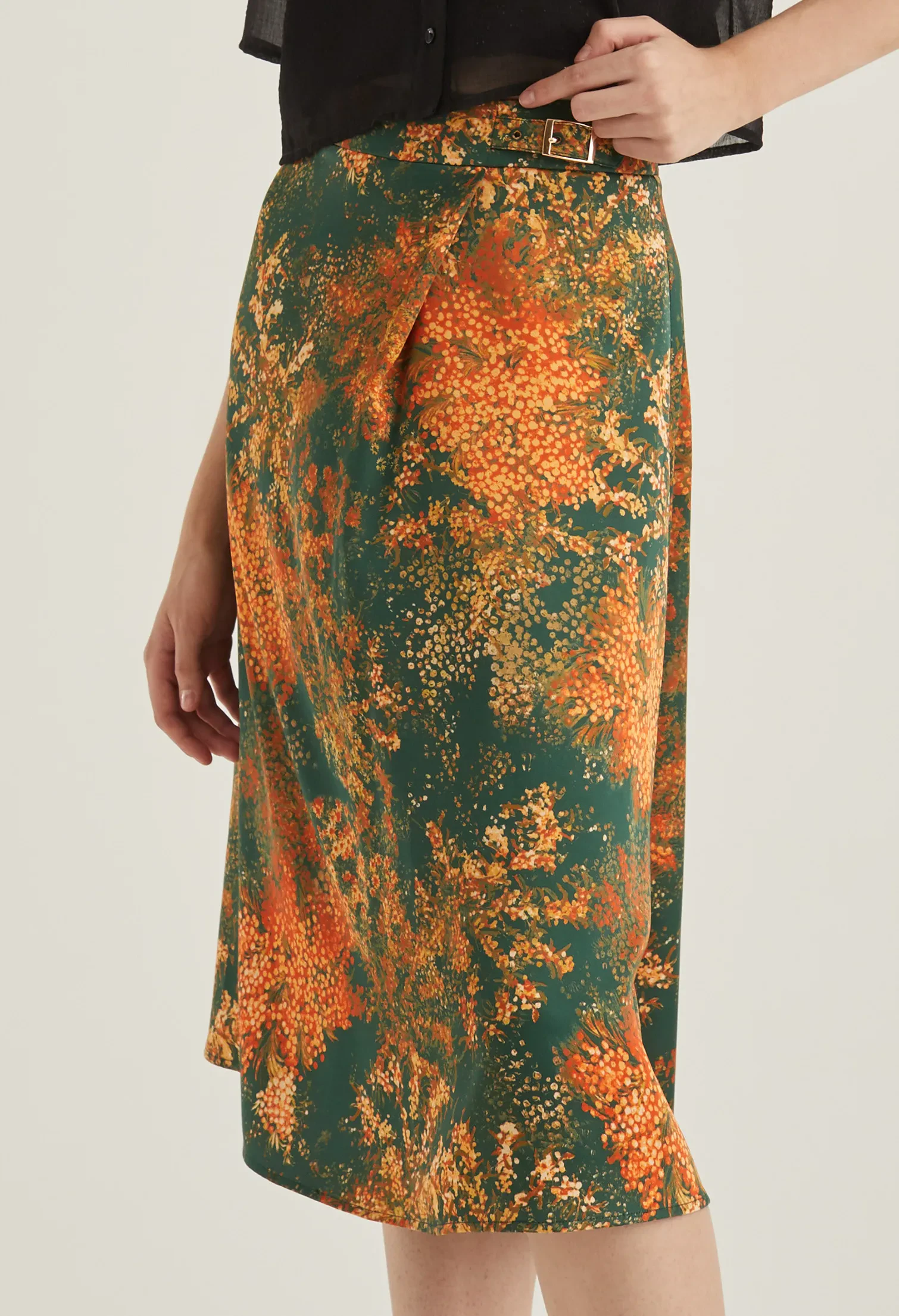 FAUX WRAP FLORAL BURST MIDI SKIRT [EMERALD]