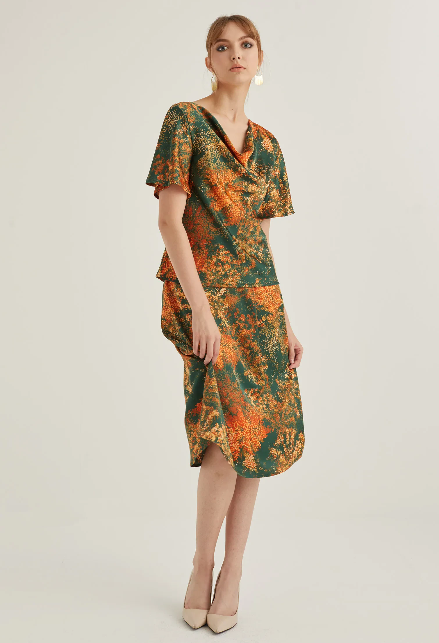 FLORAL BURST COWL NECK BLOUSE [EMERALD]