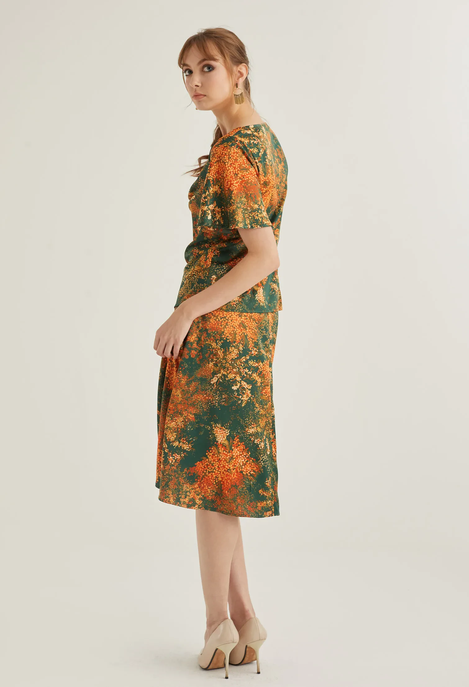 FLORAL BURST COWL NECK BLOUSE [EMERALD]