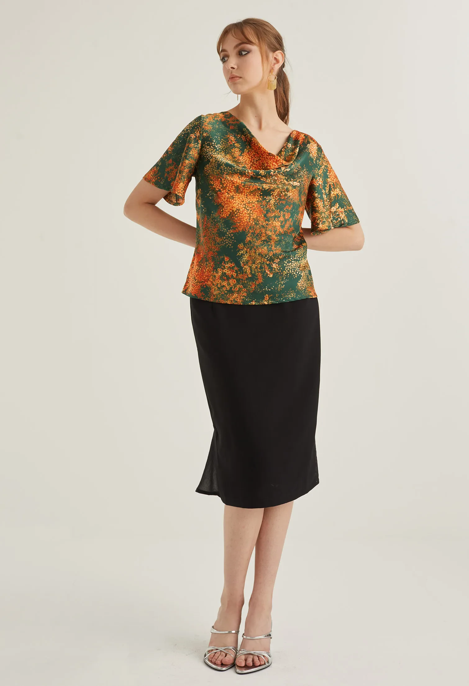 FLORAL BURST COWL NECK BLOUSE [EMERALD]