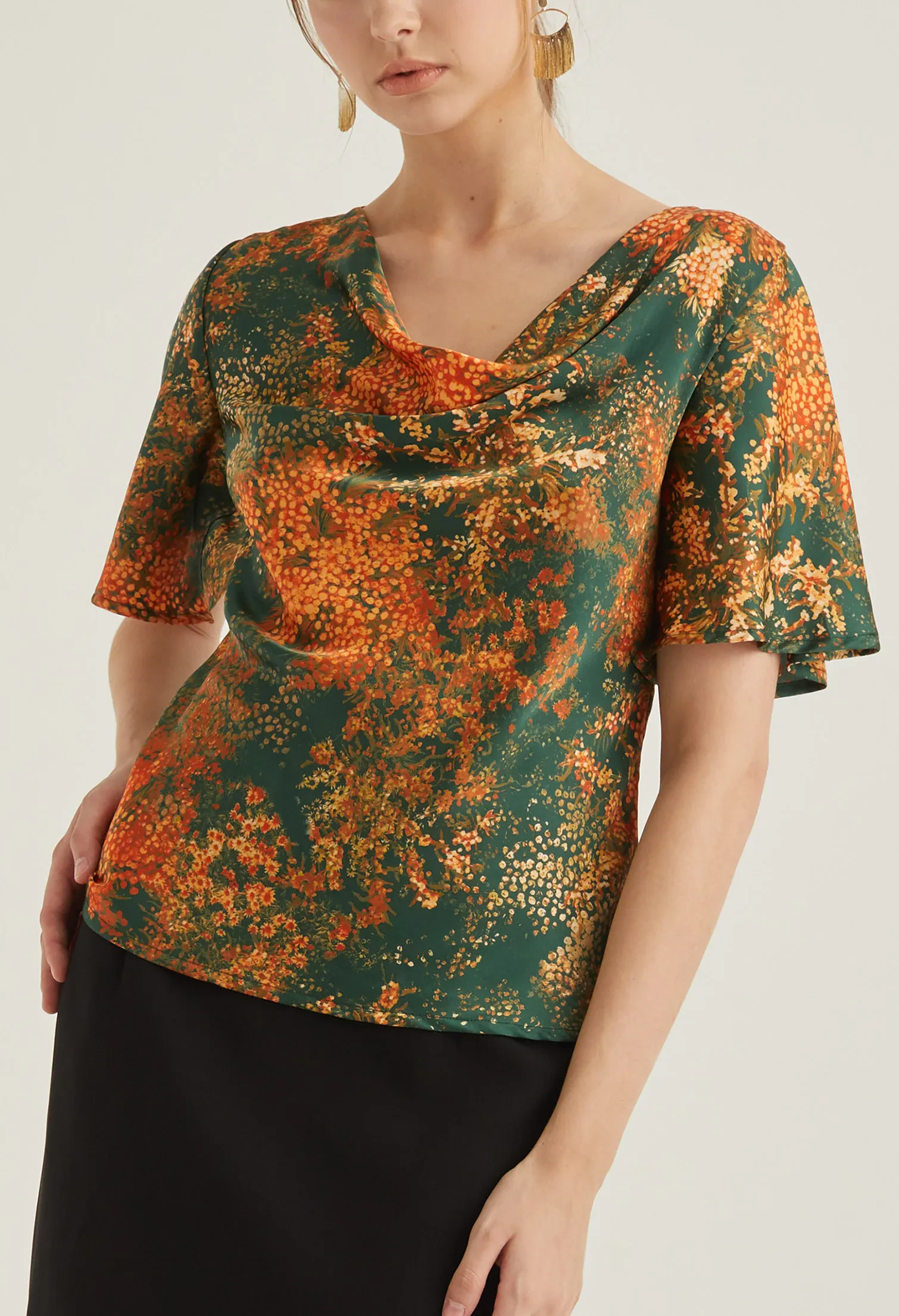 FLORAL BURST COWL NECK BLOUSE [EMERALD]