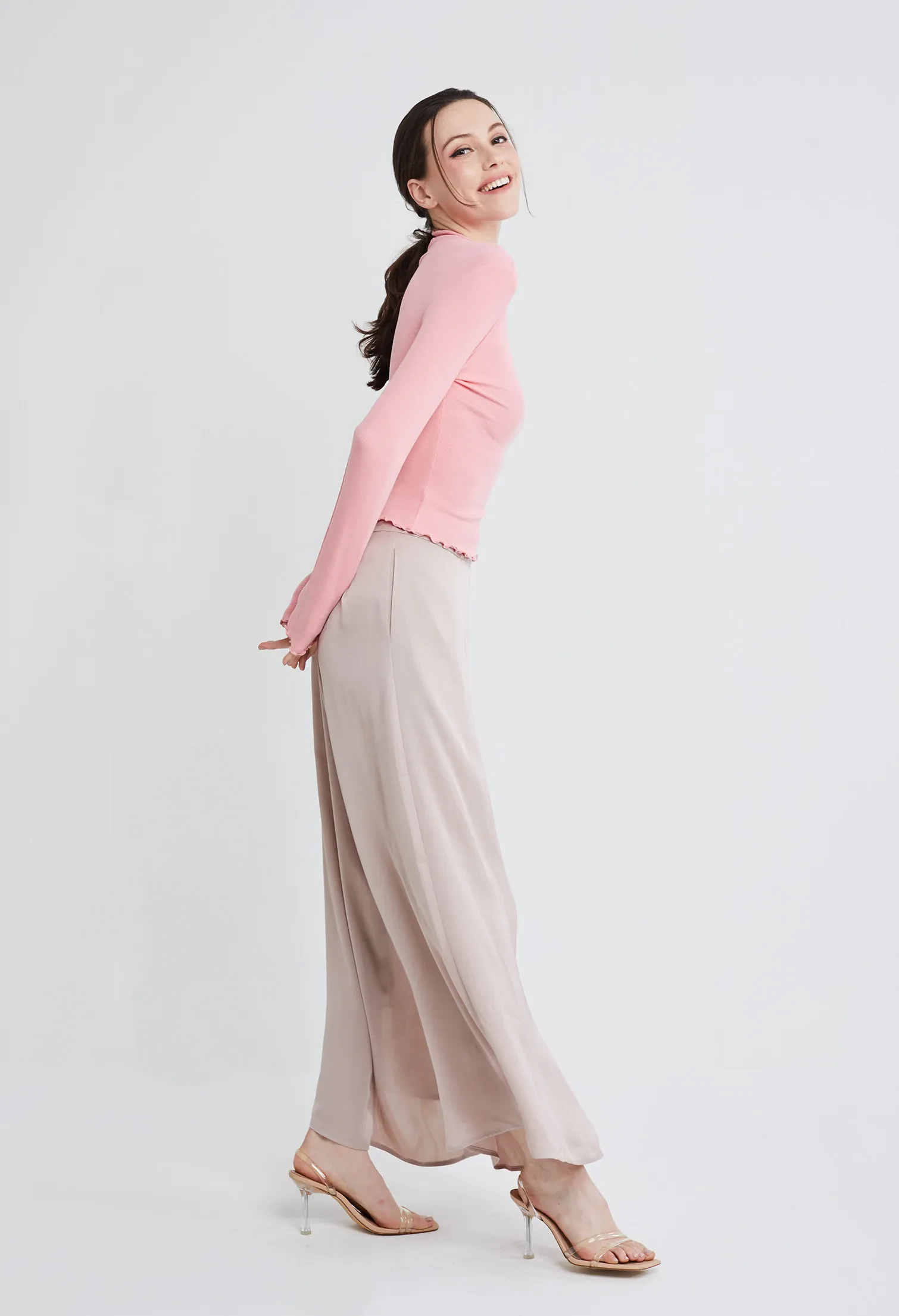 FRILLED TURTLENECK INNER FITTED TOP [SALMON PINK]