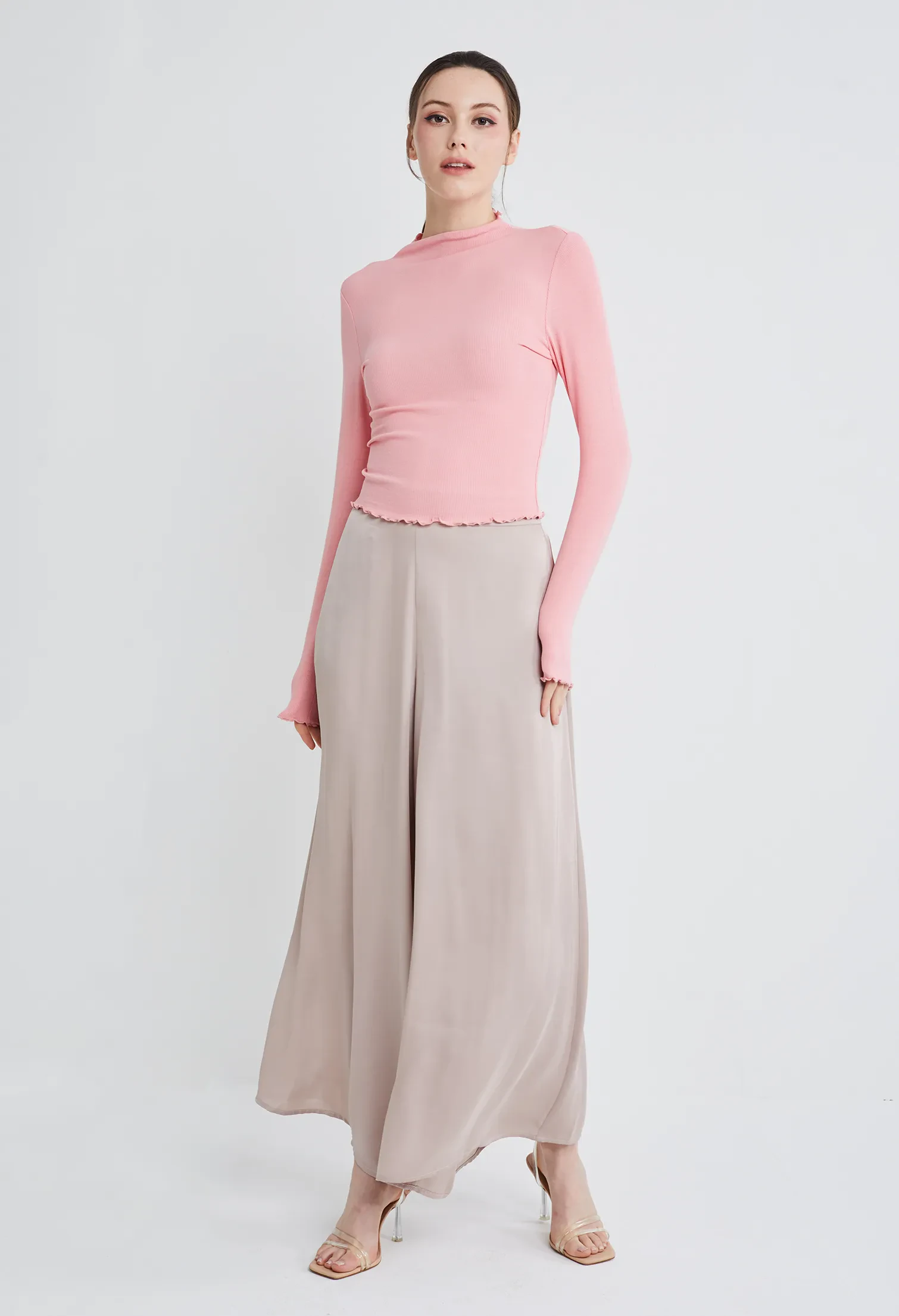 FRILLED TURTLENECK INNER FITTED TOP [SALMON PINK]
