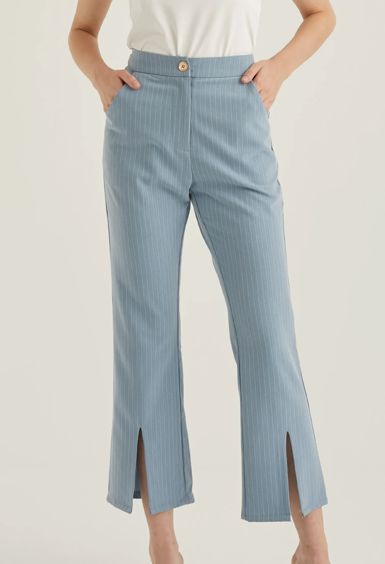 FRONT SLIT STRIPED SMART TROUSERS [BLUE]