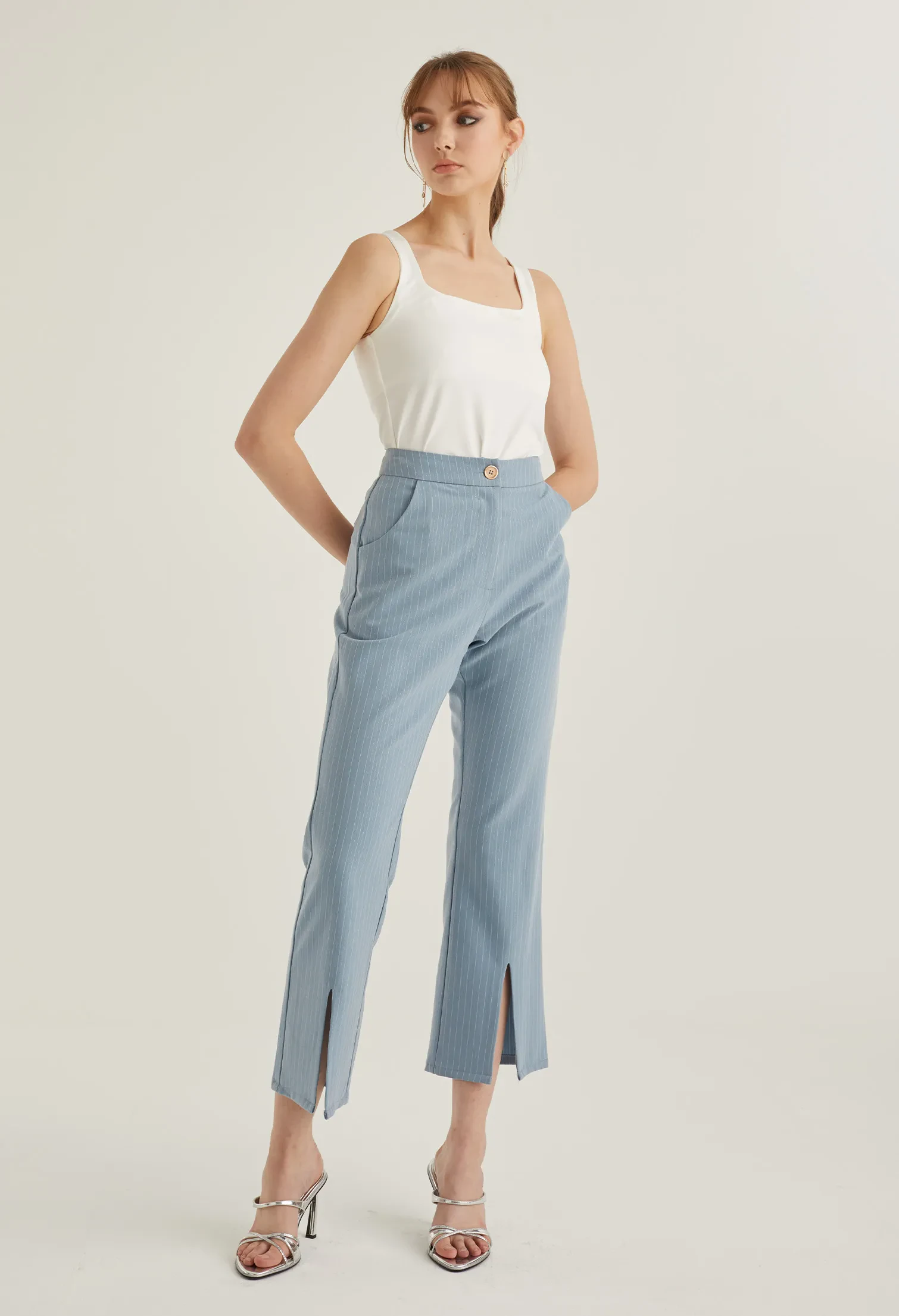 FRONT SLIT STRIPED SMART TROUSERS [BLUE]