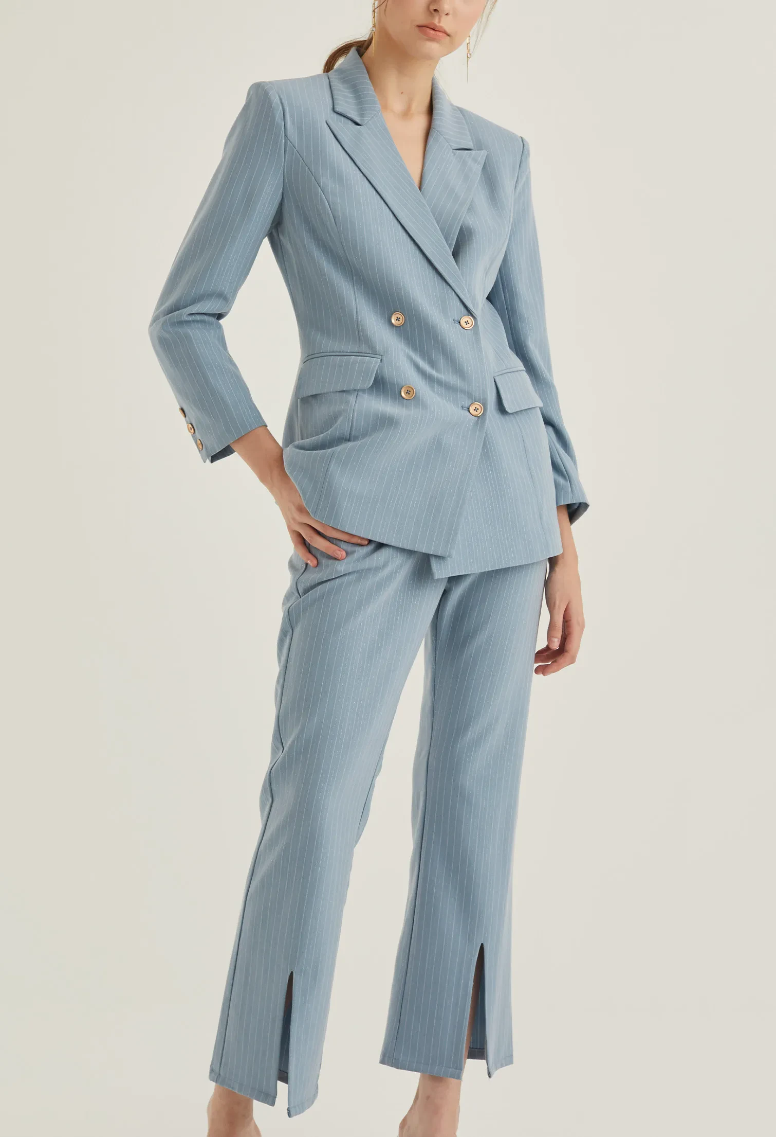 FRONT SLIT STRIPED SMART TROUSERS [BLUE]