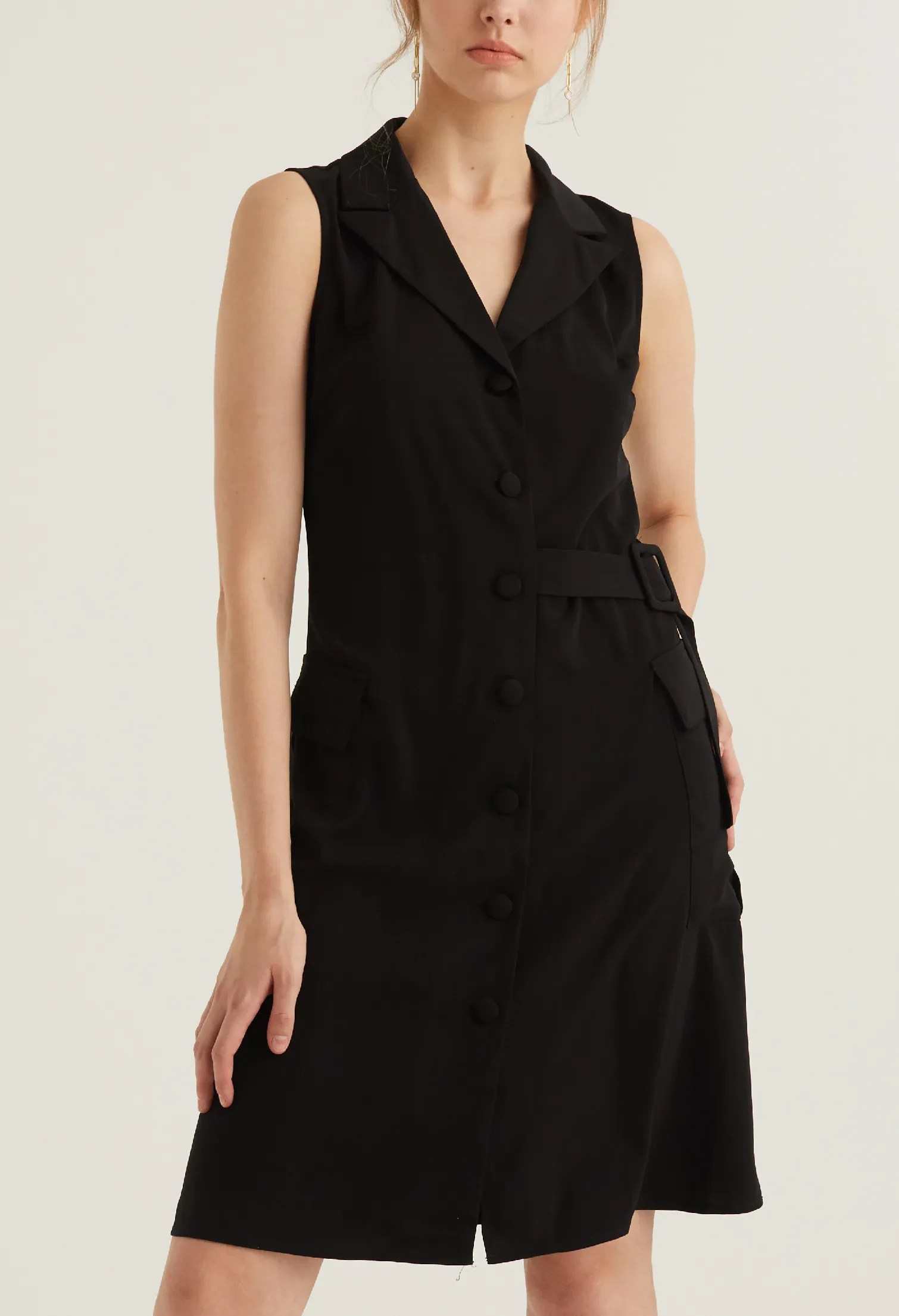FULL BUTTON VEST UTILITY DRESS [BLACK]