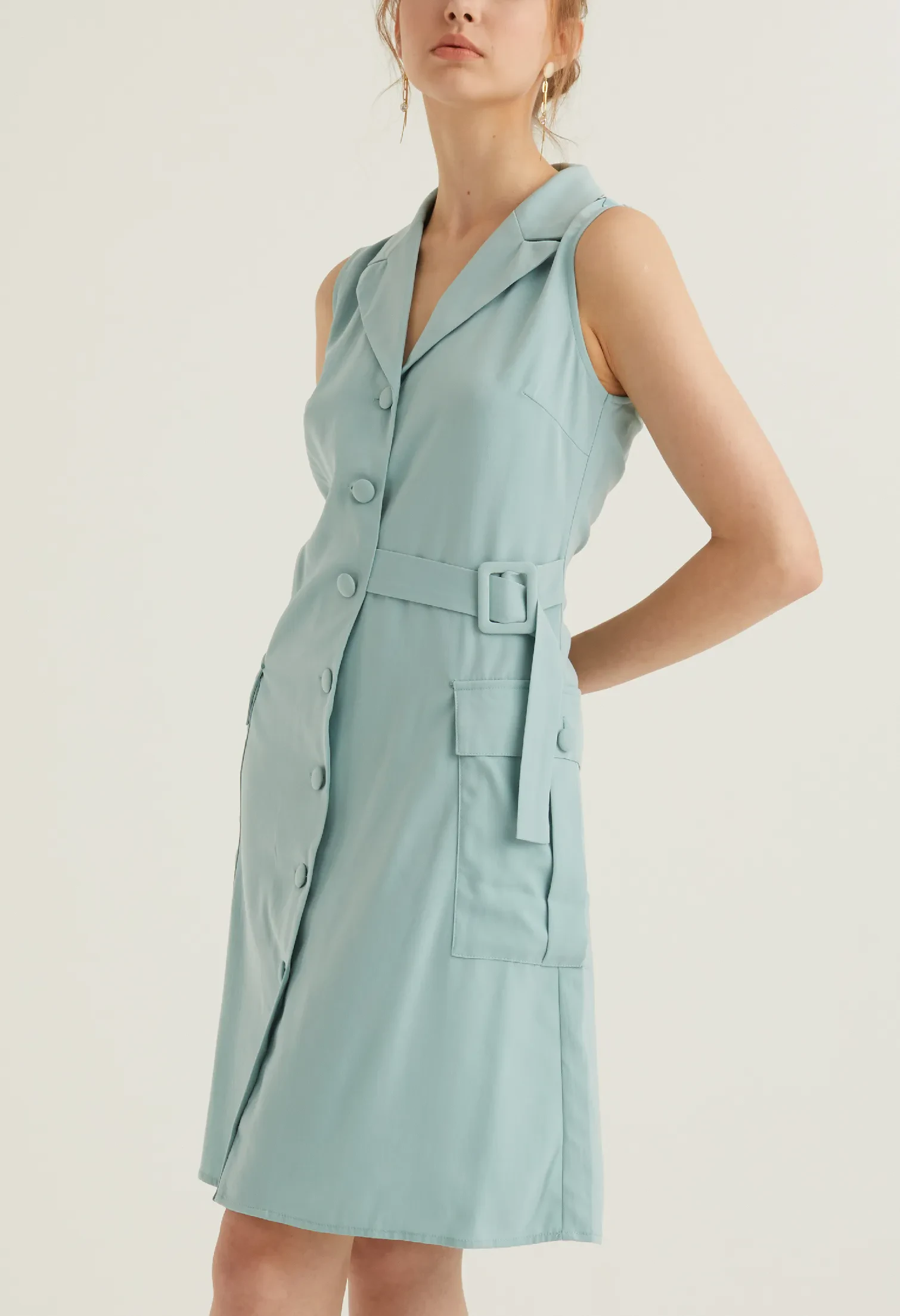 FULL BUTTON VEST UTILITY DRESS [SEAFOAM]