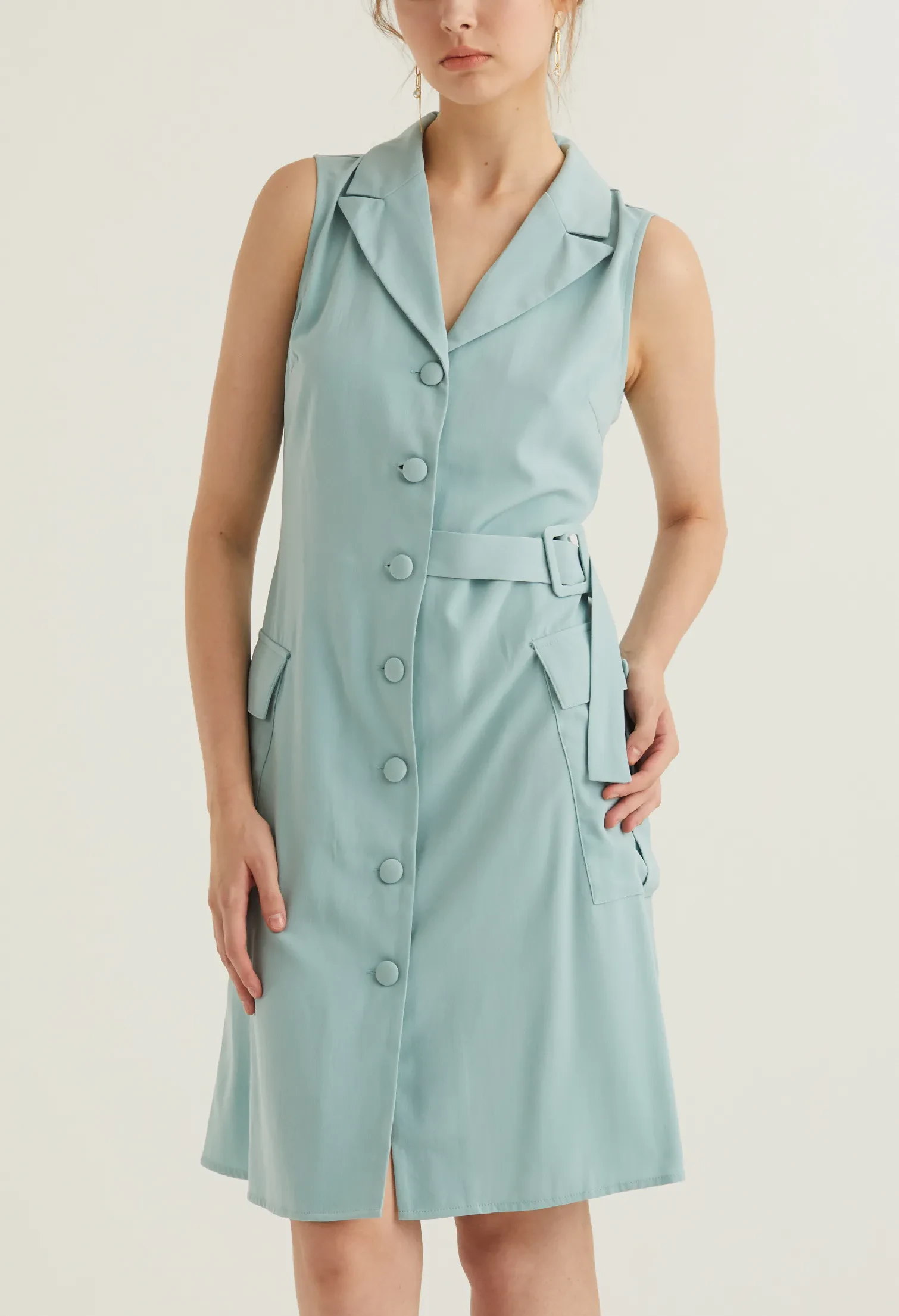 FULL BUTTON VEST UTILITY DRESS [SEAFOAM]