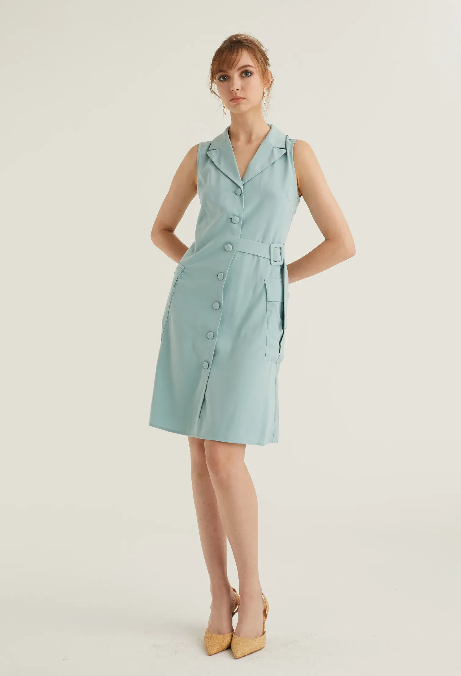 FULL BUTTON VEST UTILITY DRESS [SEAFOAM]
