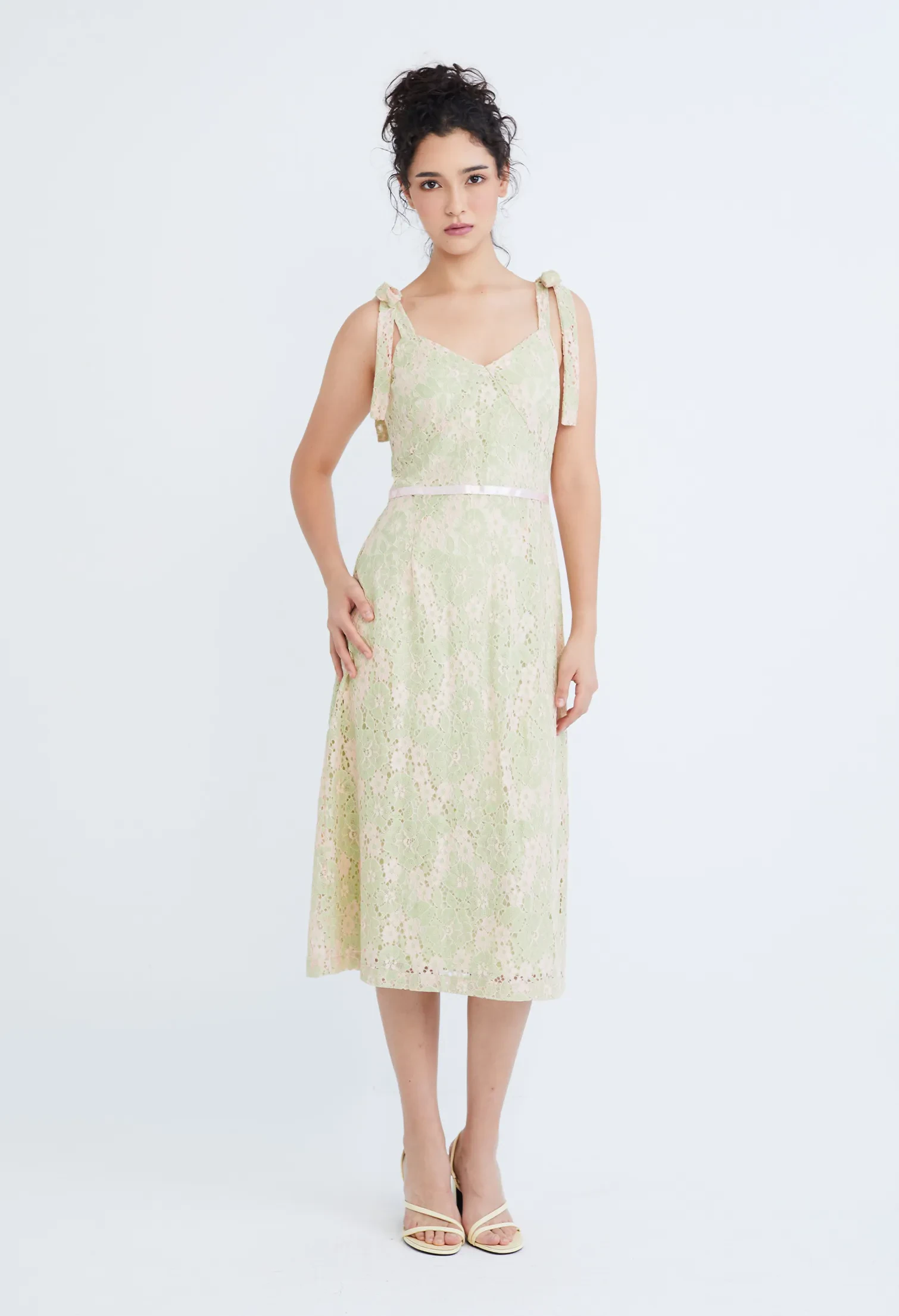 GUIPURE LACE BUSTIER CAMI TIE-SHOULDER DRESS [OLIVE GREEN]