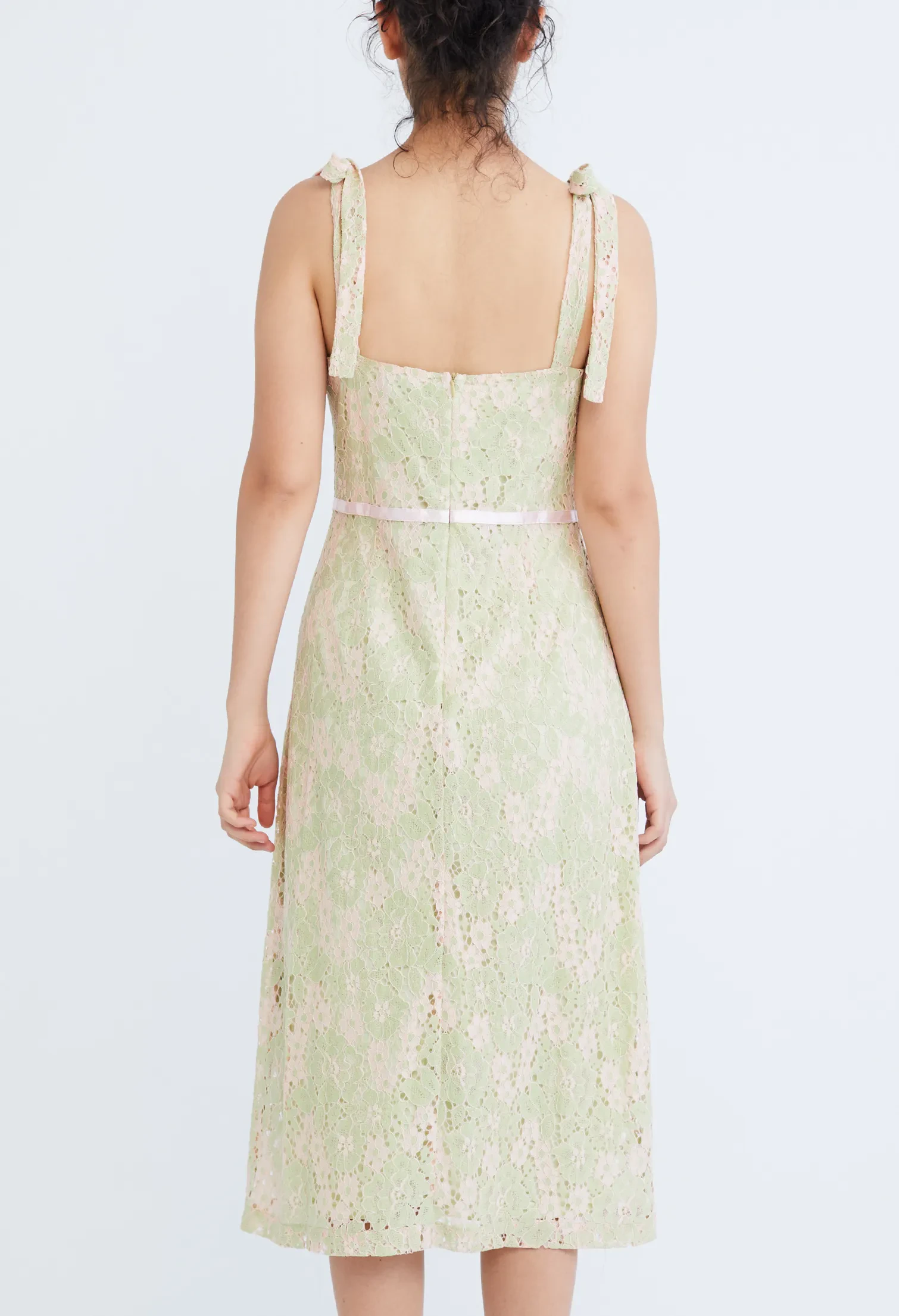 GUIPURE LACE BUSTIER CAMI TIE-SHOULDER DRESS [OLIVE GREEN]