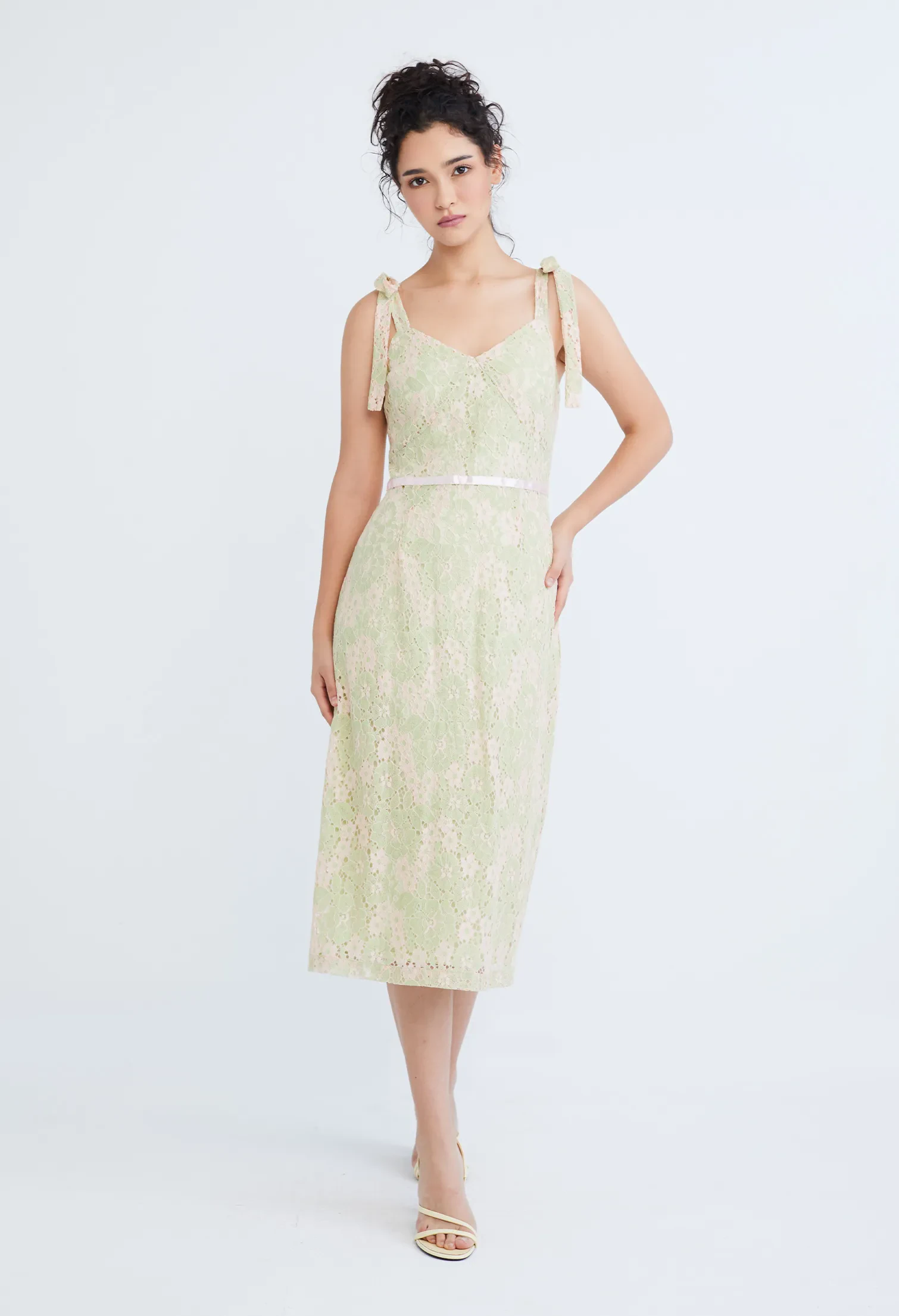 GUIPURE LACE BUSTIER CAMI TIE-SHOULDER DRESS [OLIVE GREEN]