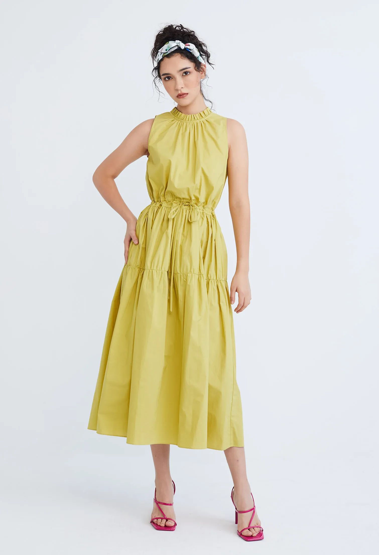 HALTER TIERED TIE-FRONT DRESS [OLIVE GREEN]