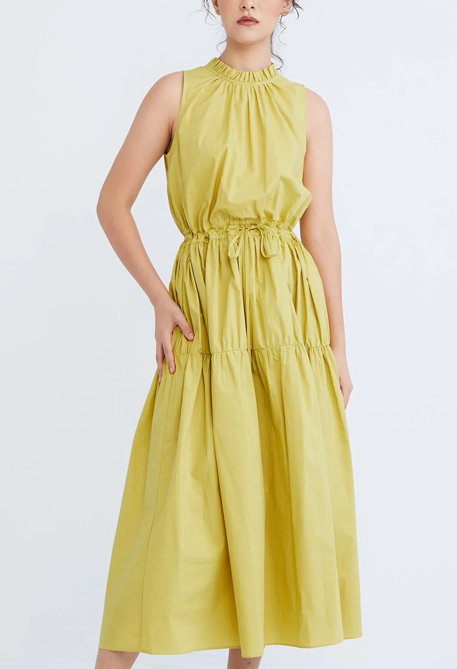 HALTER TIERED TIE-FRONT DRESS [OLIVE GREEN]