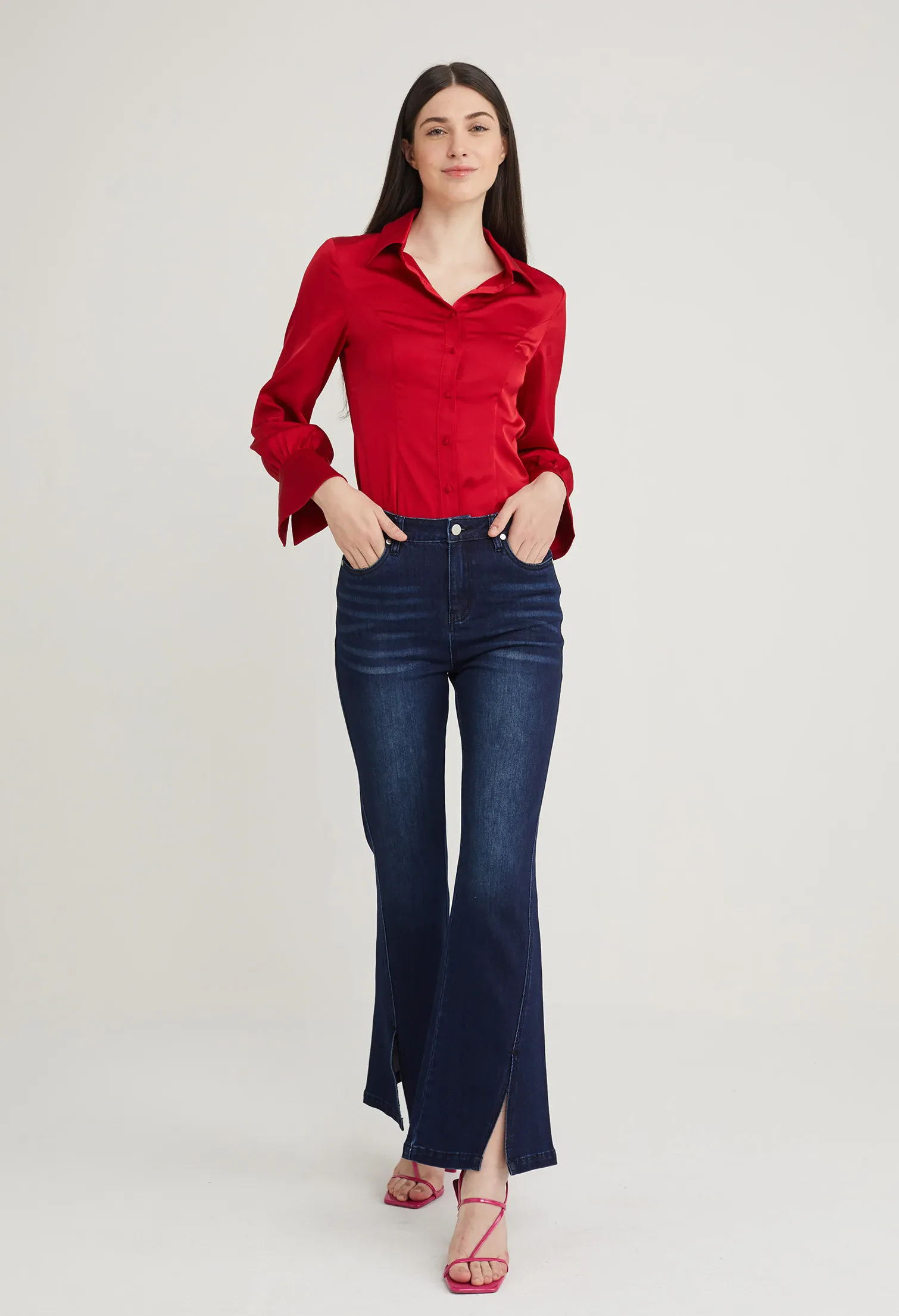 HIGH RISE FLARED ACCENT DENIM JEANS [D/BLUE]