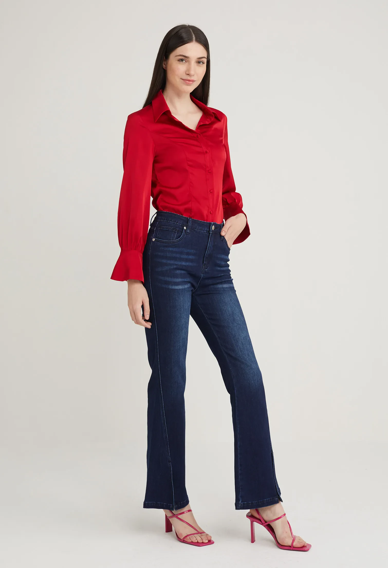 HIGH RISE FLARED ACCENT DENIM JEANS [D/BLUE]