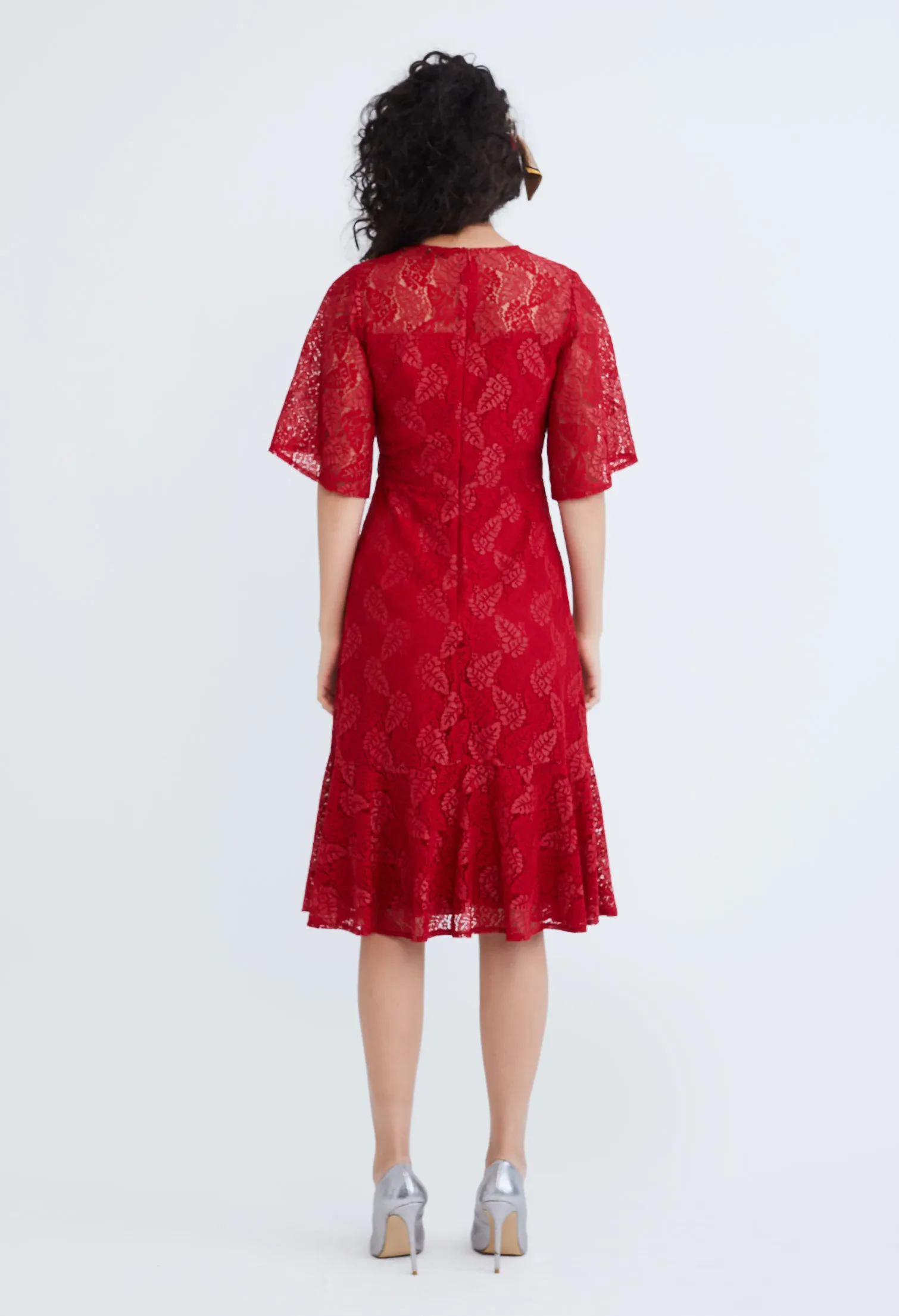 LACE PEARL BELTED COCKTAIL DRESS [D/RED]