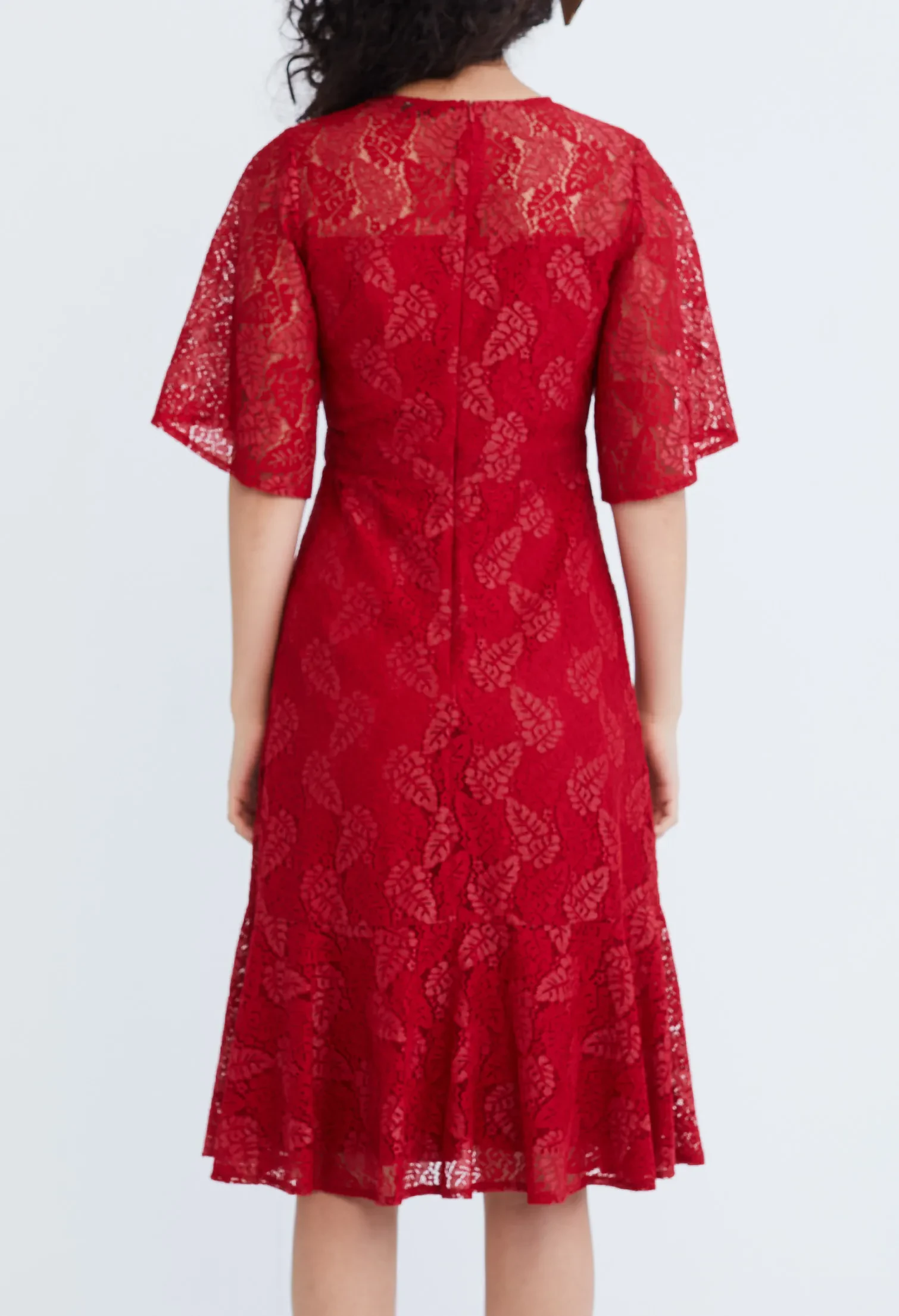 LACE PEARL BELTED COCKTAIL DRESS [D/RED]
